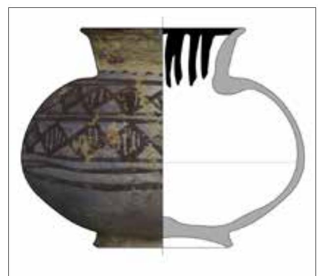 outer surface, at the base of the neck, is a frieze of dots. The decoration below depicts two friezes of vertically hatched lozenges framed by horizontal bands. Similar examples were found in the looted graveyards of the Dasht Plain dated to Period Illb.  See: Didier 2013, Figs. 74; 75  Doc. No. 0600-756 