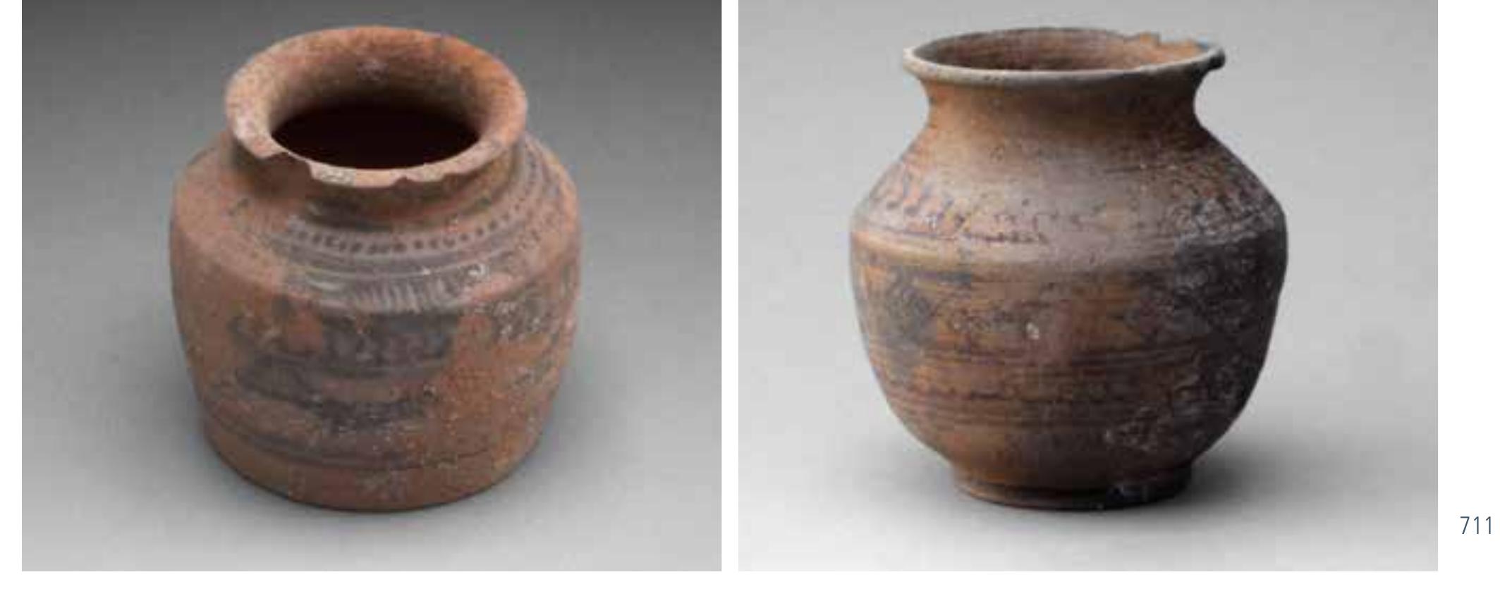 cross-hatched linked lozenges and a frieze of hanging loops are framed by several horizontal bands. Similar examples were excavated at Miri Qalat, Periods Illc and IV. See: Didier 2013, Fig. 165  Doc. No. 0923-430  Cat. No. 7/12  Canister pot  Southwestern Baluchistan (?)  2600-2300 BCE (Kech-Makran IIIc—IV) Earthenware, reddish brown; w/m  Size (cm): d. (rim) 5.1; d. (base) 3.7; h. 7 Miniature carinated with everted rim and slightly concave disc base. Horizontal  