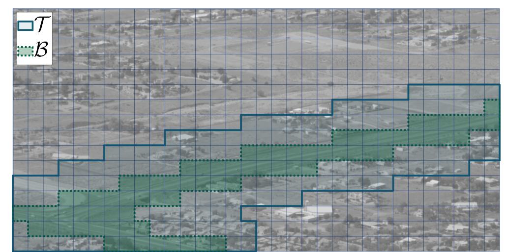 The scene is tessellated by a 16 x 32 grid of uniformly sized rectangular cells as shown in Fig. 2. Within the scene, a region of interest is specified which contains the scene’s two primary roads and is denoted by 7 due to its equivalence to the FoR for this problem. Within the region of interest, cells containing road pixels comprise the set 6, which is used to establish an initial uniform distribution of undetected objects.   Fig. 2. Field-of-regard, 7, and primary road region B, with example image frame as background. 