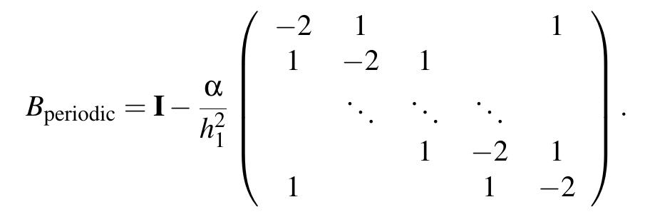For a periodic boundary conditions the matrix B has a dif- ferent structure:  A naive approach to solve Eq. (4) with Bperiodic can be ex- pensive. Instead, the Sherman-Morrison algorithm [9] is ap- plied to reduce Bperiodic to a tridiagonal matrix. When the boundary condition types are constant along each faces of the computational domain (here the two faces with normal in di- rection i = 1), the blocks B in system (4) are all the same so its resolution reduces to a smaller system with multiple RHS: 