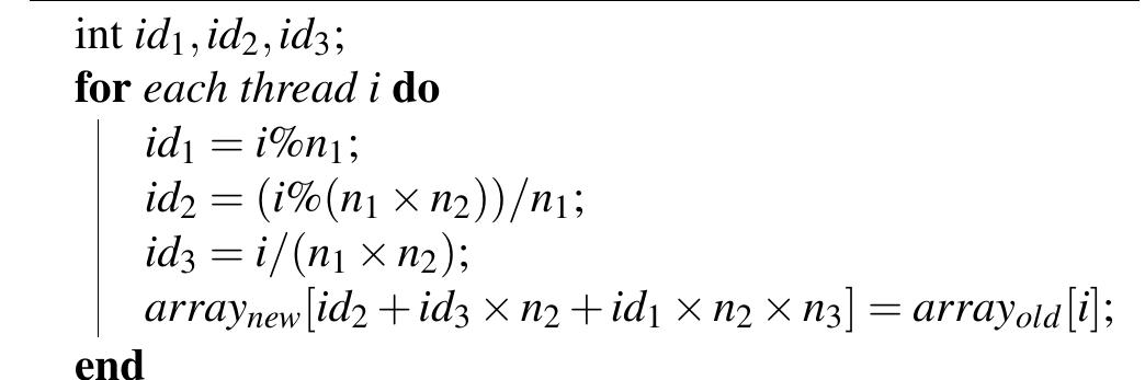 Algorithm 3: Reorder the solution array after the first solve to fit for the second solve.   Another method for solving Eq. (5) is by using the explicit inverse of matrix B. We can find in [14] an expression for the inverse of a general non-singular tridiagonal matrix A used in Eq. (11) where each component of A~! can be expressed as 