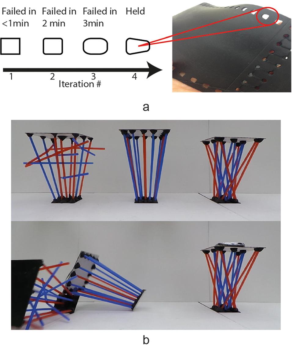 Fig. 2 (a) Use of iteration in design for spoke holes on a con- veyor belt: schematics of four tested design generations and image of the final design. Iteration was employed to achieve tar- get performance. (b) Parallel load testing of three strut design concepts for a prosthetic limb. Parallel testing highlights differ- ences in performance. 