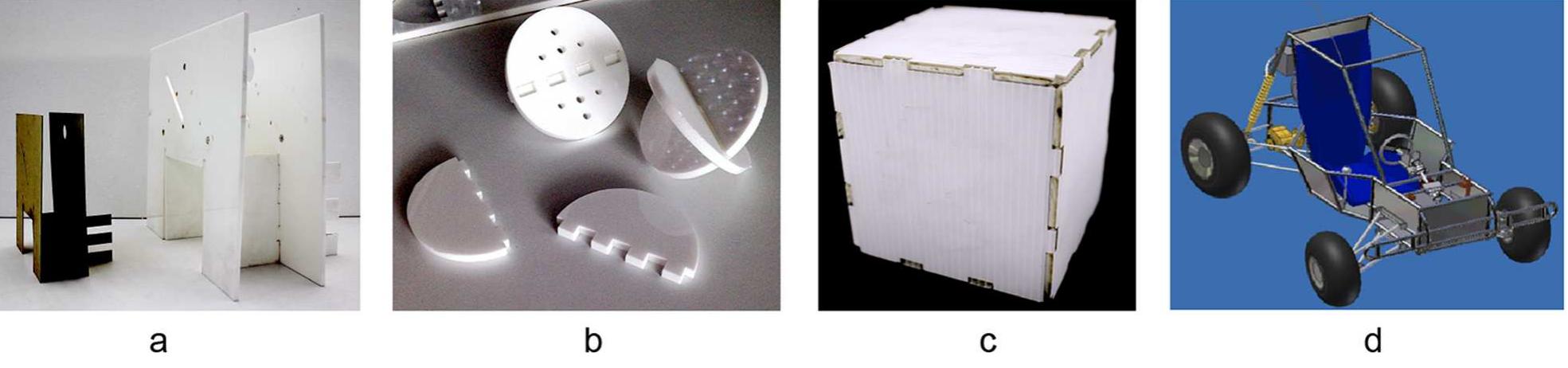 Fig. 3 (a) Scaled (left) and full (right) model of fluid chamber for testing interfaces, (b) isolated prototypes for joint interfaces to reduce effort, (c) relaxed requirement model for a three-dimensional white board, to test usability, and (d) virtual design of a Baja vehicle for structural analysis and part design 