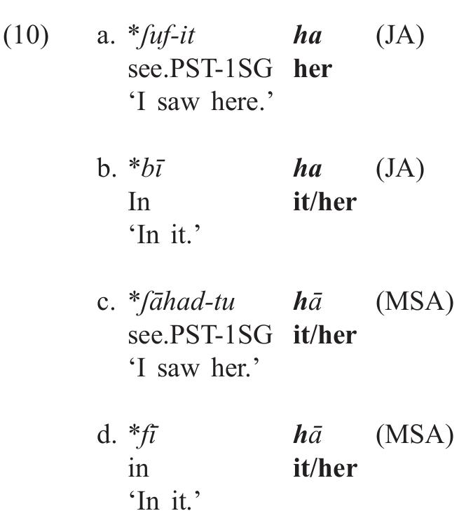 With this being the case, both w/wa- and -ha are bound forms that each needs a lex- ical host. Given the ungrammatical examples in (10), it turns out that neither one can function as a lexical host for the other. Cliticization of two bound forms still results in a bound form that cannot stand alone. The PF deficiency (of being not able to stand alone) does not disappear if a bound form is cliticized onto another form that is also PF deficient. This state of affairs is forced by the effect of one general PF constraint that prohibits any (pro- or -en) cliticization process to apply between two bound forms. This principle can be formulated as follows: 
