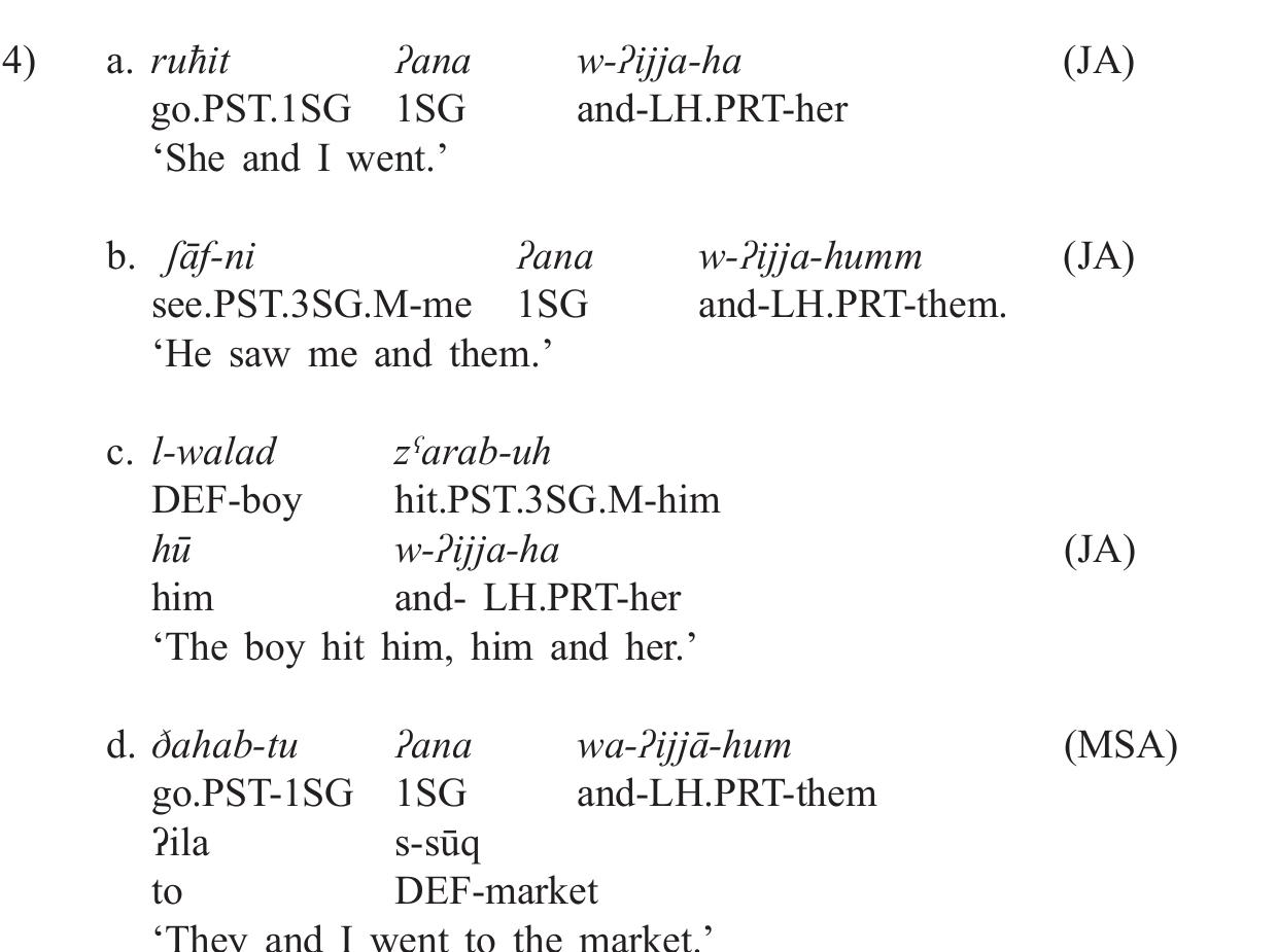 The question that arises here is how JA/MSA meets the requirements of CliC when the second conjunct is a clitic in coordination structures (i.e. wa- is also a clitic). The answer to this question lies in the use of the word ?ijja. When the second conjunct is a clitic. it should be attached to the word ?ijja, in which case coordination is allowed, as shown in the following examples:!'’ 