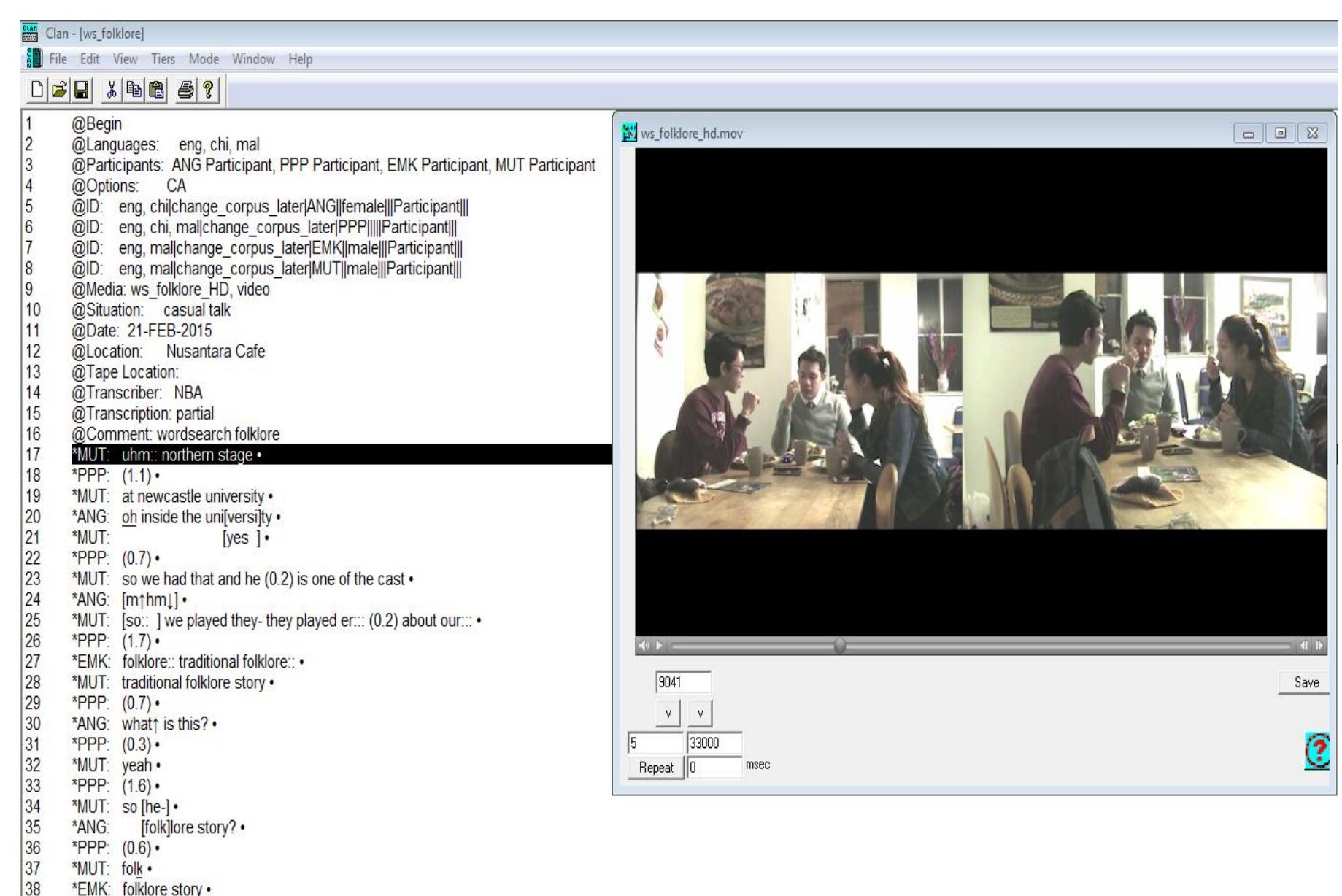 Figure 3.1: Transcribing video data using CLAN  of the transcribing process using CLAN can be seen in the figure below (Figure 3.1). 