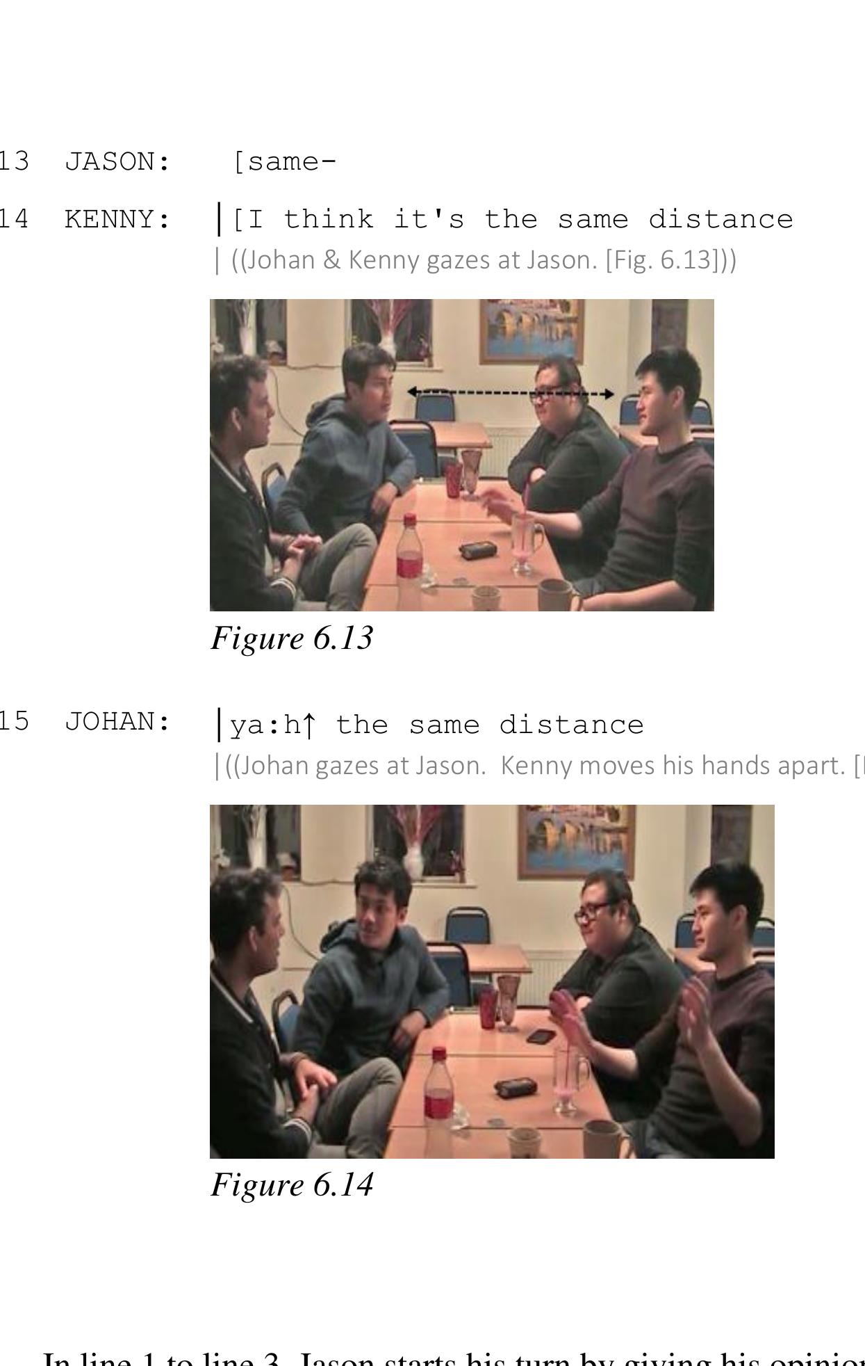 line | to line 3, his gaze direction is at Kenny, the addressed recipient. Although  Jason’s utterance is not complete yet due to a self-interruption through the cut-off word 