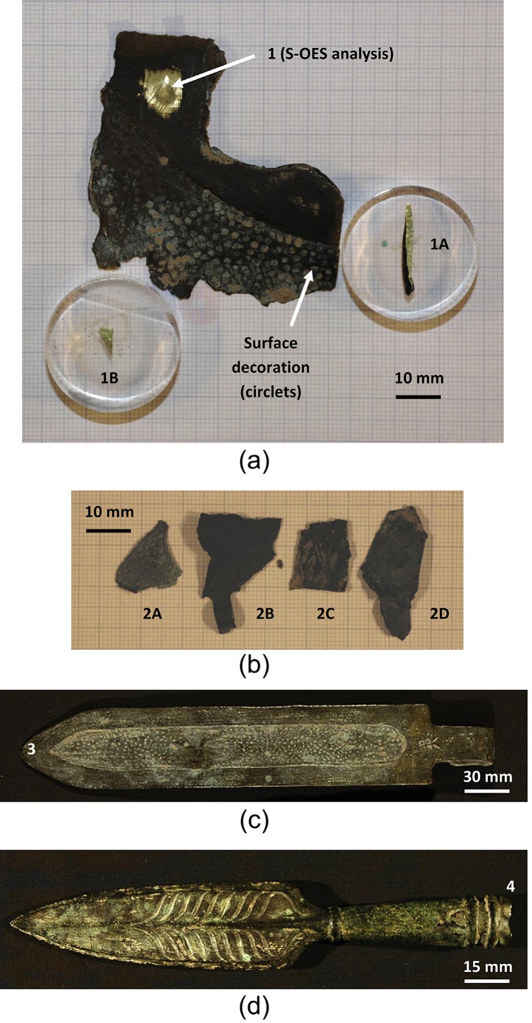 Fig. 1. Analyzed components of the suit of armour with indication of areas for sam- pling or in situ compositional/metallographic examination: (a, b) fragments from the muscled cuirass (with indication of the surface decoration); (c) pterugium (belt-area protection element); (d) socketed end of the spear tip.