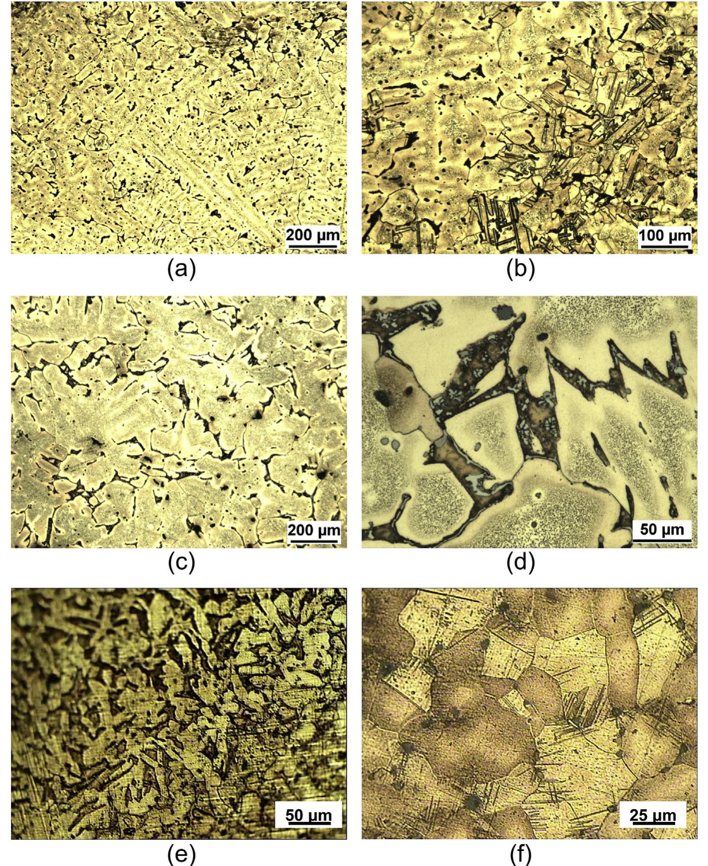Fig. 2. Optical images of etched surfaces from: (a, b) sample 1A (cross section of the cuirass); (c,d) sample 1B (longitudinal section of the cuirass), (e) sample 3 (pterugium, « + | brass), (f) sample 4 (socketed end of the spear tip, single-phase alloy). See Fig. 1 for sampling areas.  according to procedures as those described in Refs. [3,4]). Sample 1A represents the cross section of the cuirass (sample observed across the thickness of the metal), whilst sample 1B is the longi- tudinal section (sample observed in the direction of the metal surface). In situ metallography by RL-OM was carried out on a pterugium (3) and on the spear tip (4), in areas indicated by numbers in Fig. 1. When necessary, polished surfaces were etched by FeCl3/HCI, diluted in ethanol. Microstructure of sample 1C was determined in an indirect way through diffraction peak shape analysis by exploiting the ToF-ND data. Samples 1A and 1B (in the unetched condition) were also used for investigating the thickness of the patina and the corrosion morphologies in cross section, whilst the identification of the corrosion products was carried out also by non-destructive surface analysis (SEM/EDS, micro-Raman, XRD) of samples 2A—D. The Raman spectra were collected with the Ar* laser (A = 514.5 nm), employing low laser powers (Poutput < 5 mW) to avoid sample degradation. XRD spectra were acquired performing 0—20 scans from 10° to 100° with a 0.01° step size and a 2 s dwell time. A Cu Ka radiation source was used, with a  The alloy composition was determined both by large-area (0.5 x 0.2 mm?) EDS analysis on unetched polished cross sections (samples 1A and 1B, Fig. 1(a)) and by Spark Optical Emission Spectroscopy (S-OES), in the latter case after removing the patina from a portion of the surface (about 10 x 10 mm?), as shown in Fig. 1(a). The composition was also determined through ToF-ND on large portions of the volume of sample 1C as described in the following. The alloy microstructure was determined on samples 1A and 1B, which were mounted in resin, polished and submitted to conventional metallographic observation (by RL-OM and SEM/EDS 