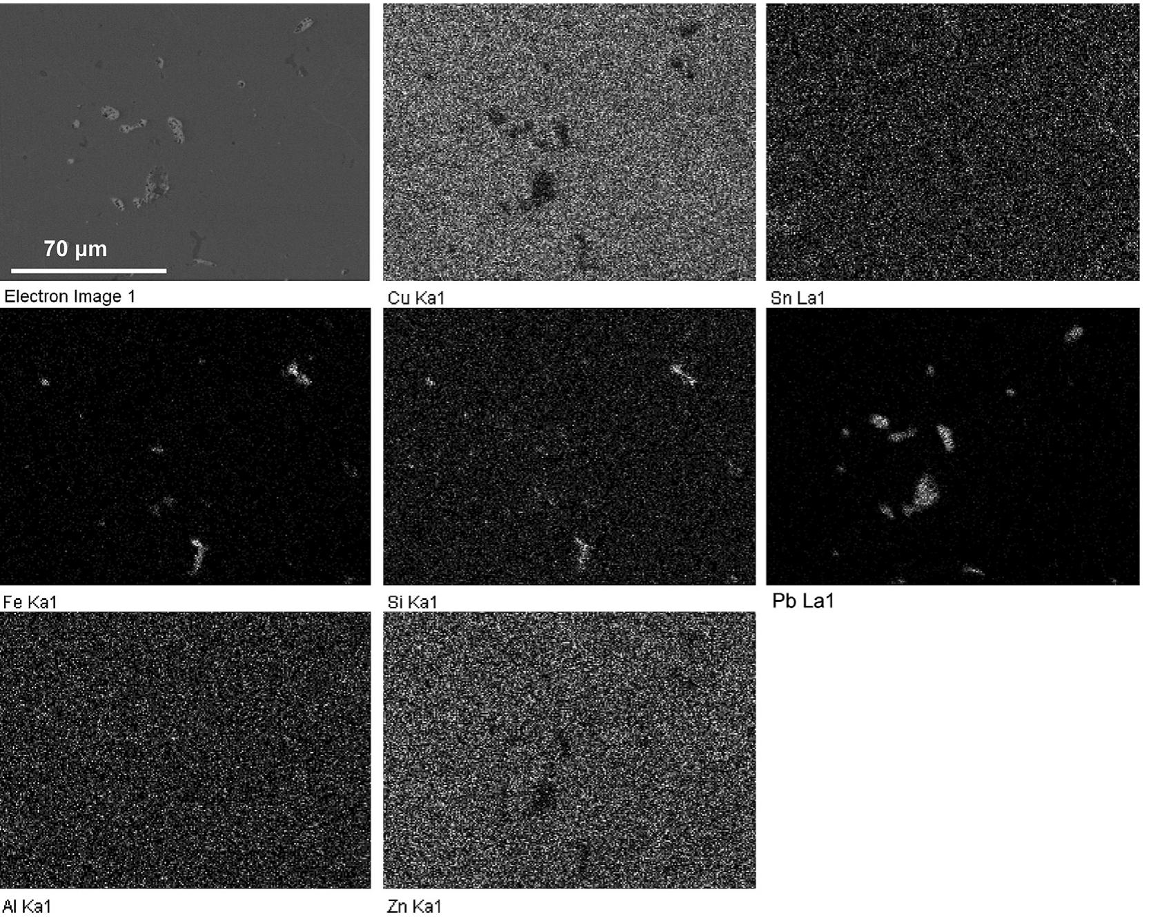 Fig. 3. SEM image and X-ray maps of elemental distribution in sample 1A (cross section of a cuirass fragment, see Fig. 1.