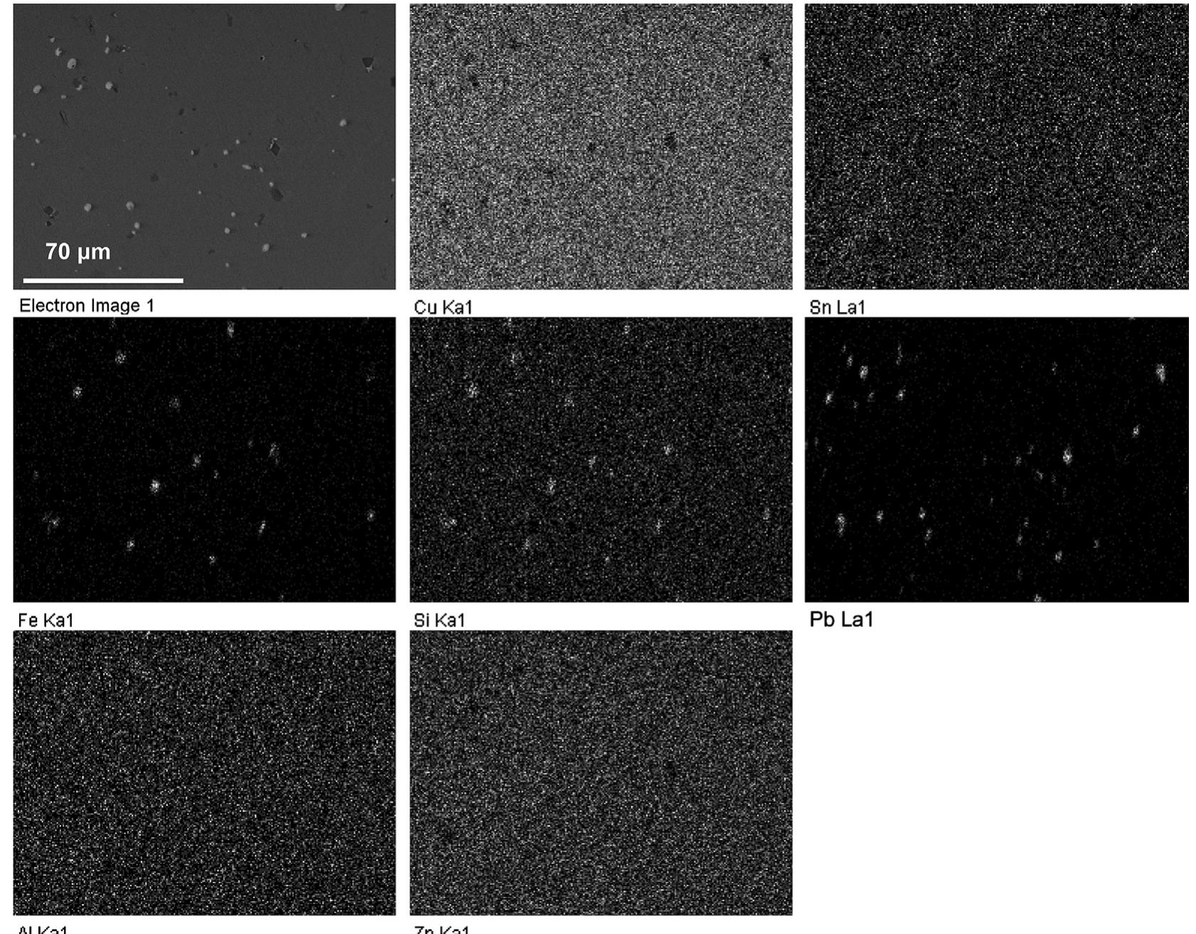 Fig. 4. SEM image and X-ray maps of elemental distribution in sample 1B (longitudinal section of a cuirass fragment, see Fig. 1)