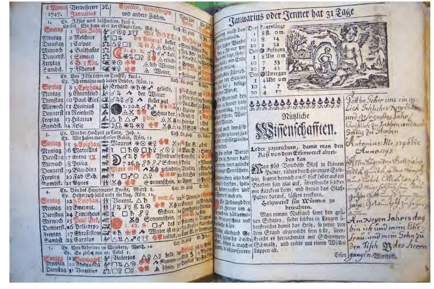 Fig. 1 — Page showing the details for January 1747 in the German Schreibkalender from Matthaus Promeisel (pseud.) “Der rechte Culmbachische Haus= und Wirtschafts=Calender fur 1747” (Kulmbach 1746). Credits: Klaus-Dieter Herbst.  partly interfoliated with white leaves for handwritten annotations or draw- ings*'. Early modern notebooks too intentionally left empty space — a blank part of the page’s layout — making these book variations intermedia objects,  encouraging the combination of different media practices such as collage, print, drawing and writing®’. 