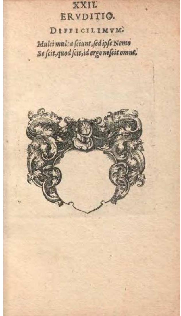 Fig. 3 — Even if alba amicorum were usually manuscript, they could sometimes be printed as in this Daniel Meissner's “Thesaurus sapientiae ciulis, siue, Vitae hu-  manae ac virtutum et vitiorum theatrum...” (Frankfurt, 1626). Credits: Public Do- main (https://catalog.hathitrust.org/Record/100319142). 
