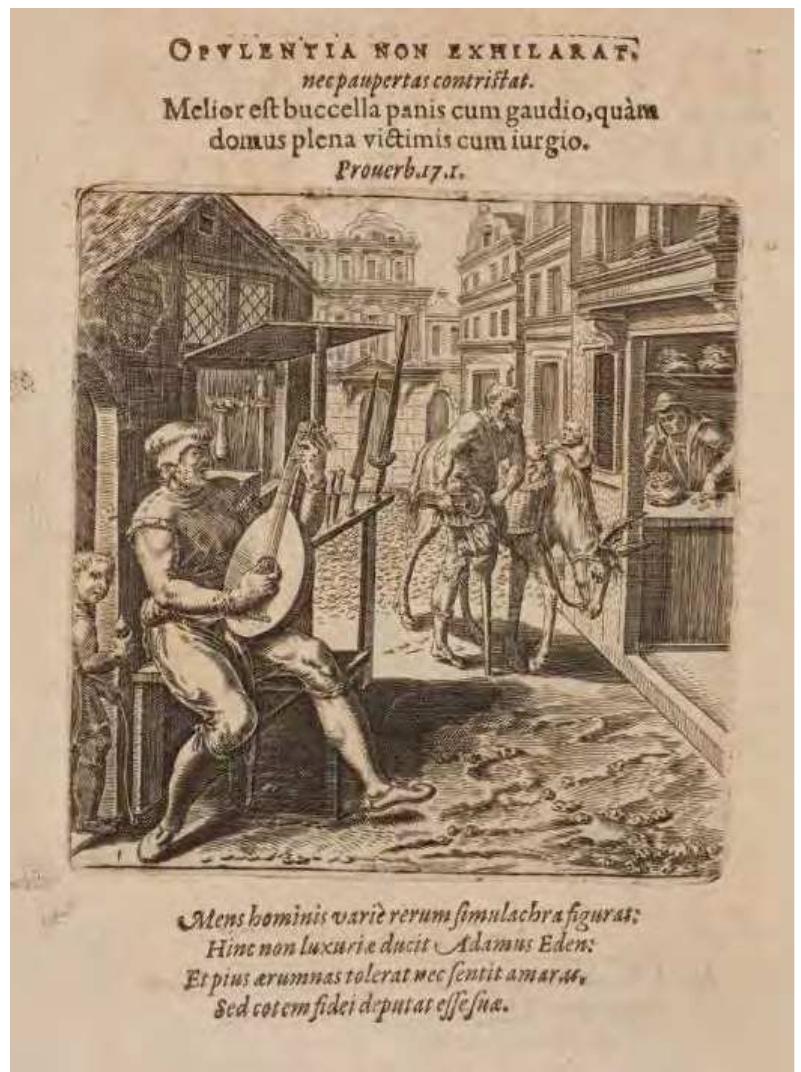 These were blank albums designed to collect signatures, mottoes, coats- of-arms, portraits and visual imagery of acquaintances and encounters as stu- dents (but also merchants, artists, and humanists) moved between different places. «Albums were forms of social media that connected individuals to a network, sometimes of strangers», open to future members or readers, using a multimedia combination of languages with a strong interaction between handwritten and printed words and drawn and collected (printed or drawn) images**. Humanists’ emblem books performed a similar function represent- ing another example of the textual-visual interplay (Fig. 4).   Fig. 4 — Theodorus Cornhertius, “Emblemata Moralia, Et Oeconomica, De Rervm Vsv Et Abvsv” (Arnheim, 1609). Street performer and a baker offering goods. The image connects with the moralizing texts on the top. Credits: Public Domain (http://diglib.hab.de/drucke/258-2-hist-2s/start.htm?image=00002). 