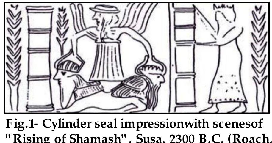 Guardians of the gateways in this mountain have been presented as hybridcreatures like scorpion-man or bull-man (Abazari et al, 1993:318). In Awan period, among the Elamite seals, frequently we encounter with a scene in which Shamash attends in front of the gates that occasionally wings have been attached to them and often a bull or a bull-man stands in front of it and in the presence of Shamash. This figure suggests the existence of this story and mythological belief among the Elamites (FIG. 1).  In ano  ther seal from the same period, we face with a particular representation  of this scene (FIG. 2). Here, we can see a deity who is jumping out from a winged-  gate in front o  f which a bull and a human are standing. The said  deity has placed one  of his feet on the edge of a boat on which two persons are riding and it seems that  they intend to  moon in Meso  potamian myths, was like an old man who is disp  jump up from above the boat (Ghaempanah, 2013: 64). Sin, the god of  ayed in human’s eyes  riding on his carina at night seemed as a glooming crescent that is driving in the borderless space of the night sky (Guirand et al, 2003:73). Inside the boat imprinted on the Elamite seal, a person is standing and another one, as his rower, is paddling.  Existence of crescent-like boat and presence of the moon crescent in the sky may  suggest that the person standing in the boat is the Sin. 