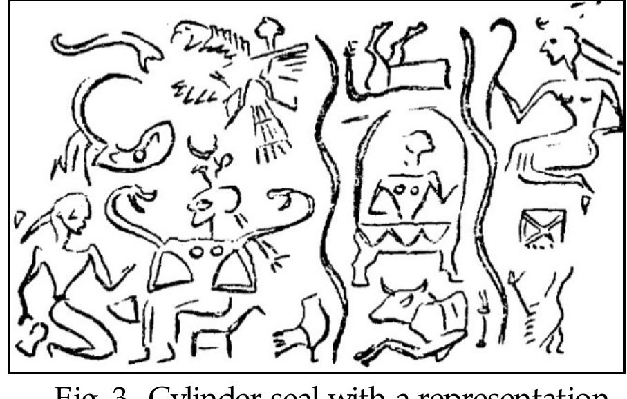 But, the text of the myths notifies the importance of the deities’ will and their support of the humans emphasize that and humans need to follow and listen to the deities’ will; and it notes that humans should only utilize these facilities to the extent that the deities have provided the situation for them and allowed them to; since if human’s selfishness (even if he is an approved king) causes him to get beyond his limit, deities would withdraw their support from him and it would ot have any result other than a terrible fall to the abyss of annihilation. In a seal made of shell, related to 2300 B.C obtained from Susa shown in Fig. 3, the Mesopotamian myths, E tana, “the first king of the humans” can be recognized. 