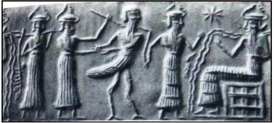 Fig. 5- The Akkadian sample of Zu’s trial scene in the presence of the deities. The British Museum (Gray, 1999:24)  Zu or Anzu, in the myth text and on the Mesopotamian seals has been presented in the form of aHarpya half man and half bird creature) (FIG. 5) and it might that one of the lesser divinity of the underworld that is considered as one of the almighty gods enemies like the monster children of Tiamat?(Hooke, 1990: 80). Among the seals belong to the Awan period, we encounter with a scene that is very similar to the scene in which Zu or Anzu (storm bird) is taken to the presence of the judging god (FIG. 6); we face with this scene in Akkadian seals and it reflects the last scene related to the story of “Zu and Tablets of Destiny”. In this Mesopotamian myth, we observe that Zu, steals the tablets of destiny, which are the signs of divinities kingdom and ruling, from Enlil’ and brings about agitation and horror among the deities. Reclaimingthe tabletsof destinyindifferenttraditions, referred todifferentpersonshas beenincludingL ugalbanda’,  scene in the presence of the deities. The 