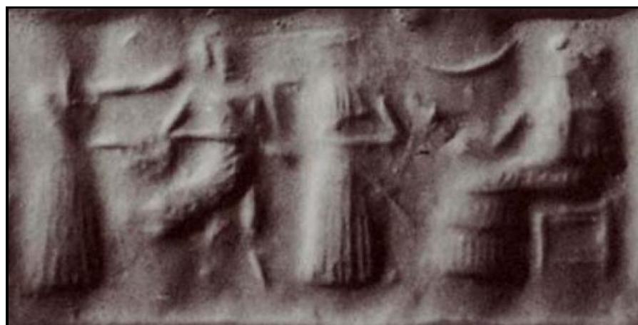 Fig. 6- An Elamite sample of Zu’s trial scene in the presence of the deities Susa. 2300 B.C. (Amiet, 1972:1573)  The myths of Zu and tablets of destinies reminds the significant role of the good gods in confronting with the evil deities and demigods such as Zu and mentions that these benefactor and human supporter deities have been always involved in battles with the wicked deities and mythological creatures who are always seeking to create chaos and disturbing the cosmic order and as a result, creating turbulence in the human world, even if the humans, themselves, do not notice these battles and conflicts. This point represents the importance of the presence of the gods in the world and implicitly, reminds those who believe in these myths that human should always be grateful of his deities and praise their favors by his invocations.  should always be grateful of his deities and praise their favors by his invocations. 