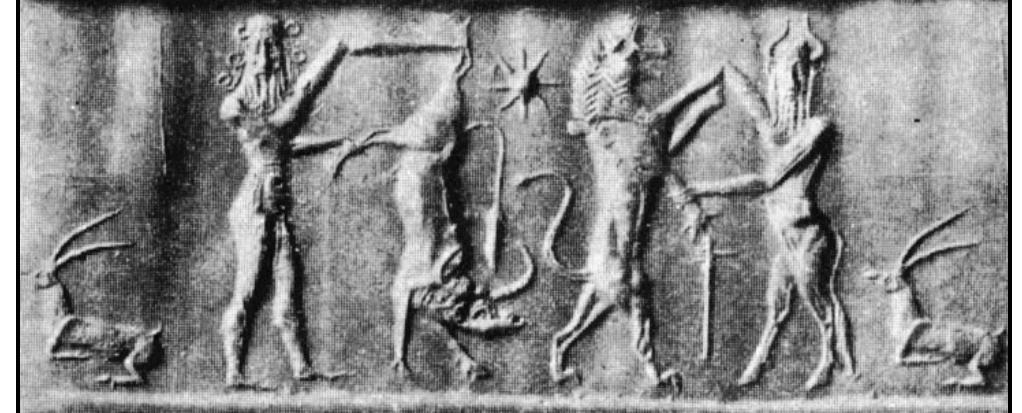 Fig. 7-New impression of a Babylonian cylinder seal with motifs Gilgamesh and Enkidu. Babylon (Chiera, 2007:165)  This mythological scene in the Mesopotamian art is considered as a representation of the myth of Gilgamesh (Roux, 2002: 124) during which Gilgamesh and Enkiduhad been involved in fighting with the divine bull and lions which are the symbol of the goddess Ishtar; because subsequent to Gilgamesh’s refusal of the goddess Ishtar’s request to be her lover, Ishtar bore the grudge against him and sought to take revenge on Gilgamesh for this disrespect using a monster presented in the myth text as the “divine wild bull” (Rosenberg, former: 366-367). Moreover, around this myth also we observe that Gilgamesh and Enkid in order to show their obstinacy to Ishtar and to prove their power, they engaged in hunting lions (Guirand et al, 2003: 106) that are the beasts related to this goddess and indeed symbolize her. 