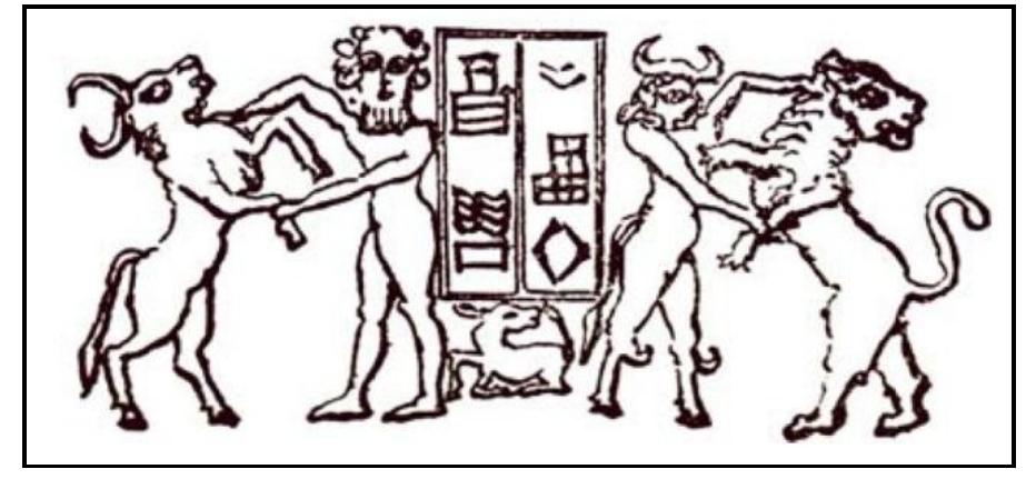 Fig. 8 Cylinder seal impression with reflecting the myth of Gilgamesh. Susa. 2300-2100 B.C. (Legrain, 1921: fig. 25) 