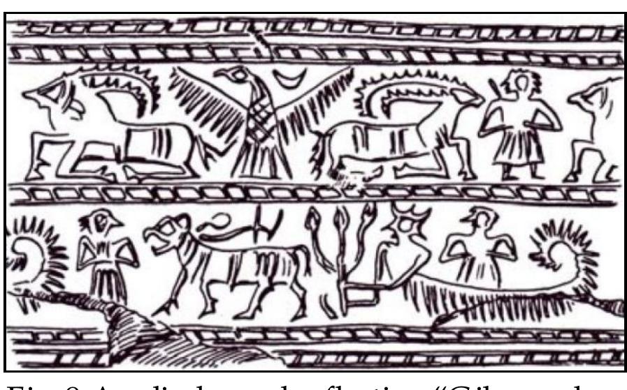 Although till now no written text of this myth has been discovered, according to the mythological scenes imprinted on the Elamite seals and seal impressions, the prevalence of this myth in the Elamite borders can be realized; for example, many seals and seal impressions can be mentionedwhich have been discovered in the excavations of the Elamite sites andrepresent the figure of “god-hero” and “bull- man” whose faces have been illustrated from the opposite side,while fighting with a bull or lion (FIG. 8) 