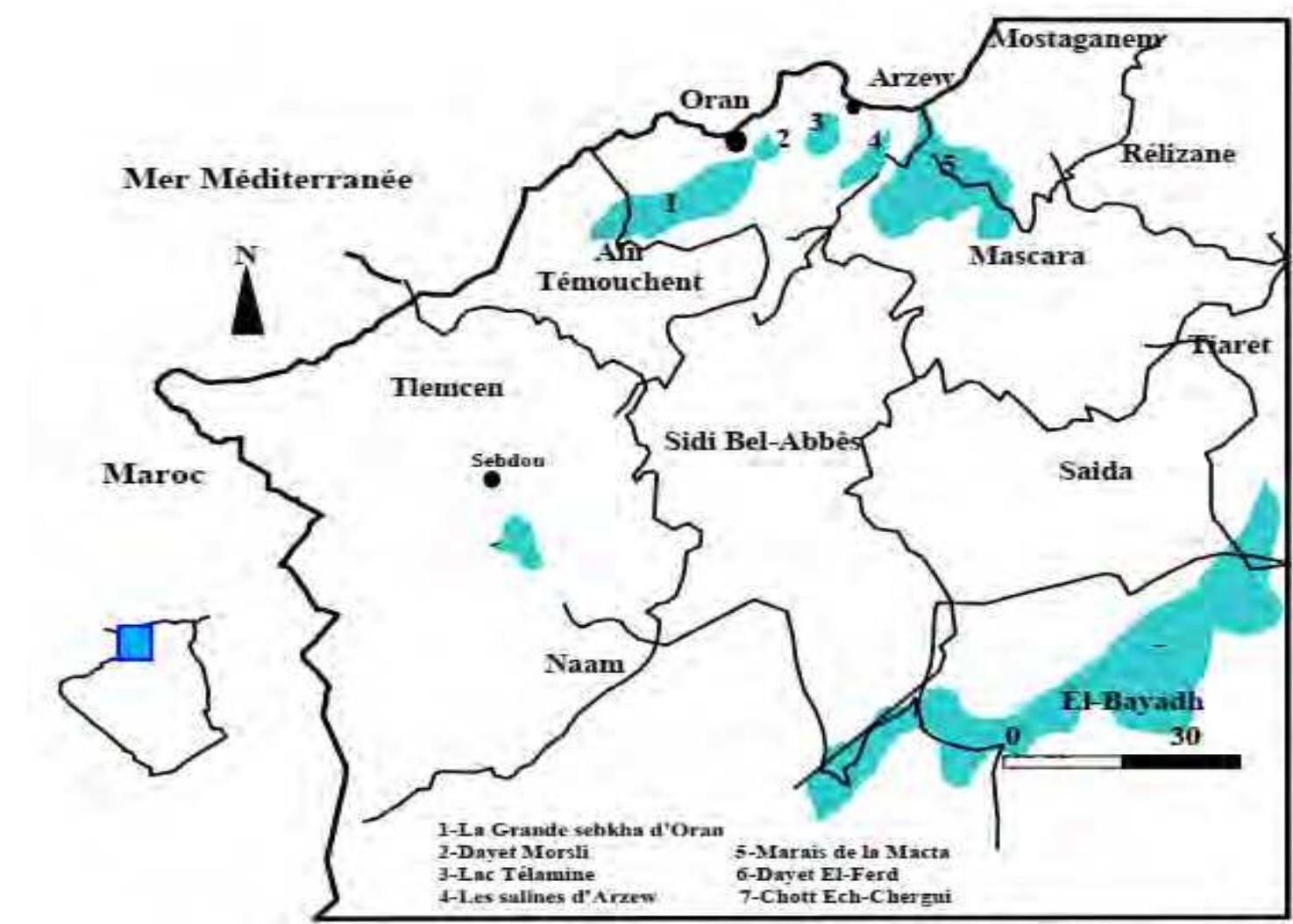 Fig. 1 West Algerian wetlands map (Beghdadi, 2017). 
