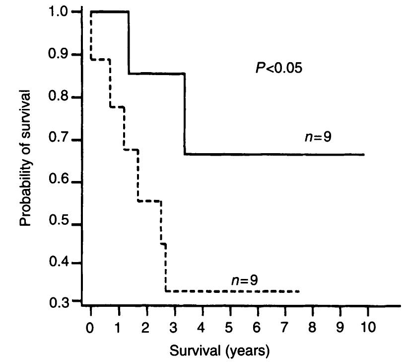 Figure 3 Kaplan-Meier survival curve based on 17p deletion. In the group of patients whose tumours retained 17p two patients died, compared with six patients within the group of patients who lost heterozygosity. ——, No 17p deletion; - - - - - , 17p deletion 