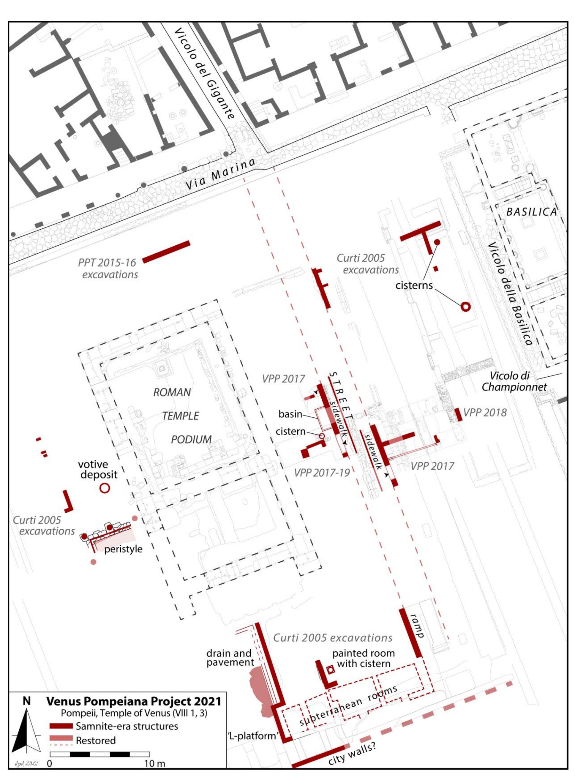 ‘ig. 1. Schematic phase plan showing the distribution of Samnite-era architectural features exposed below the sanctuary, including the N-s street identified in 2017 and updates from the 2018-2019 seasons (Author: D. Diffendale).  M. Mogetta — I. Battiloro — I. Varriale — D. P. Diffendale — G. Iacomelli — M. D’Acri — C. Corbino — C. Comegna — G. Pardini e Archaeolog Research at the Sanctuary of Venus in Pompeii: Interim Report of the 2018-2019 Seasons of the Venus Pompeiana Project 