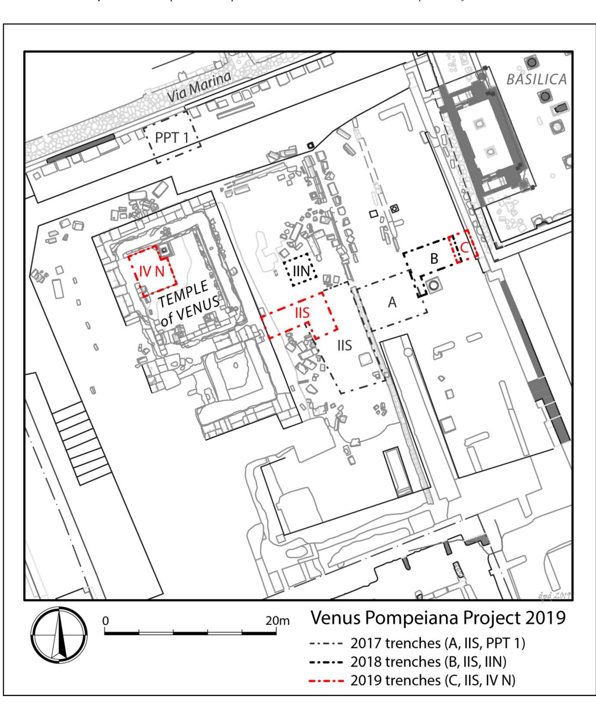 Fig. 2. State plan of the Sanctuary of Venus showing the position of the trenches excavated by the Venus Pompeiana Project (Author: D. Diffendale). 