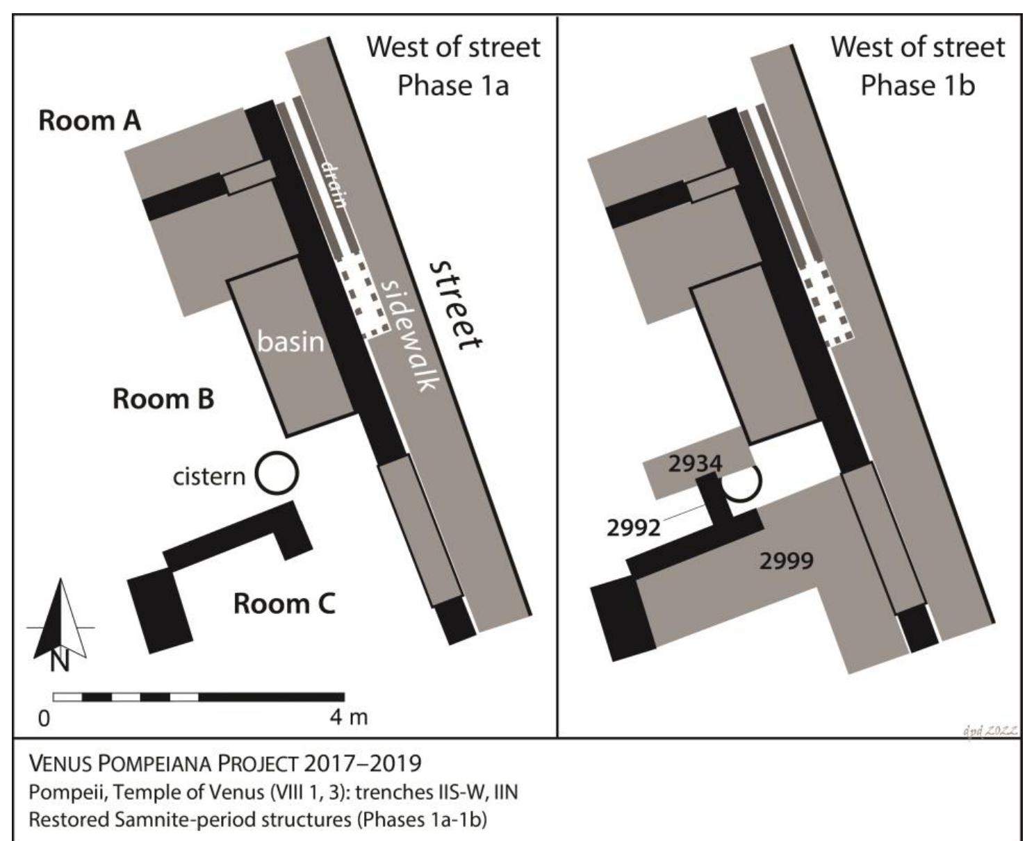 Fig. 7. Schematic reconstruction of the building identified in Trenches IIS-W, IIN, with indication of Rooms A, B, and C (Author: D. Diffendale). 