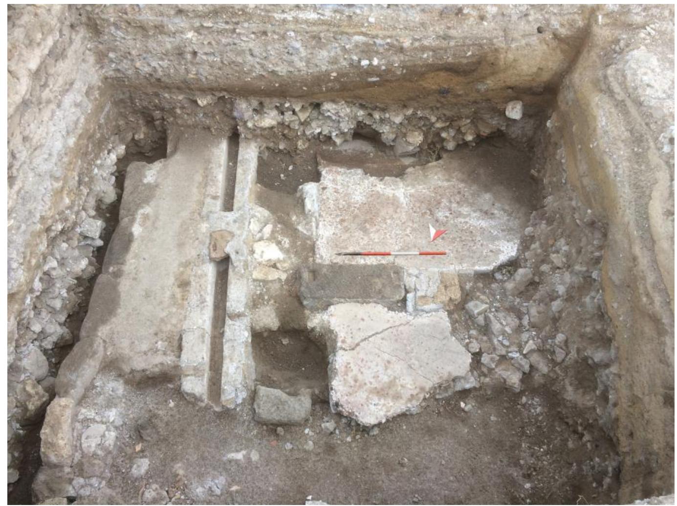 Fig. 8. VPP 2018, Trench IIN: View (from N) of Rooms A and B (Phases 1a and 1b). Note to the left the remains of the sidewalk of the N-S street delimiting the W city block (2935), the associated drain (2934), and the threshold of Room B (2495) (Photo: VPP).  M. Mogetta — I. Battiloro — I. Varriale — D. P. Diffendale — G. Iacomelli —- M. D’Acri — C. Corbino — C. Comegna — G. Pardini e Archaeolo Research at the Sanctuary of Venus in Pompeii: Interim Report of the 2018-2019 Seasons of the Venus Pompeiana Project 