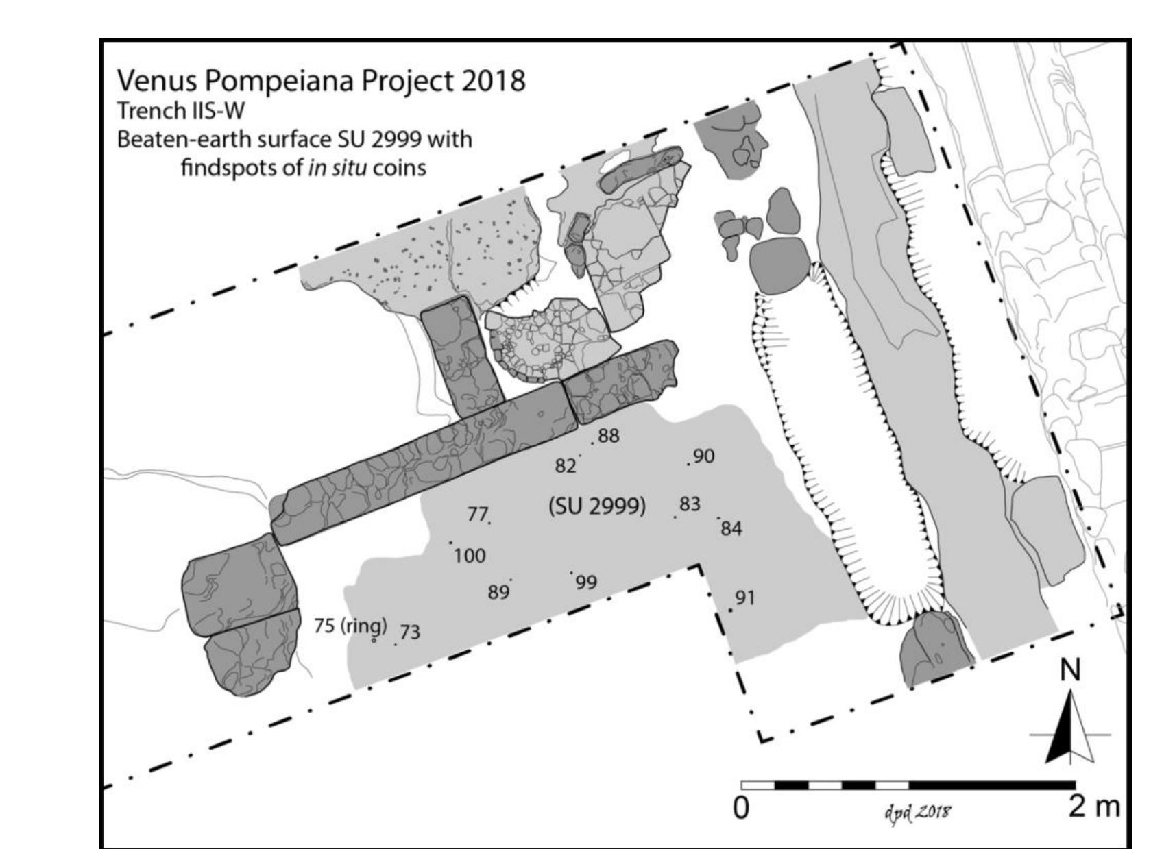 Fig. 12. VPP 2018, Trench IIS-W: Plan of beaten-earth surface 2999 (Phase 1b) showing the findspots of coins, identified by special fin number (for the correspondence see Cat. nos. 4, 11, 12, 18, 19, 22, 25, 26, 34, 36; not plotted: Cat. nos. 8, 15, 16 and 30, found from th screen).  Table 1. VPP 2018-2019, Trench II SW. Phase 1a: distribution of diagnostic finds. 