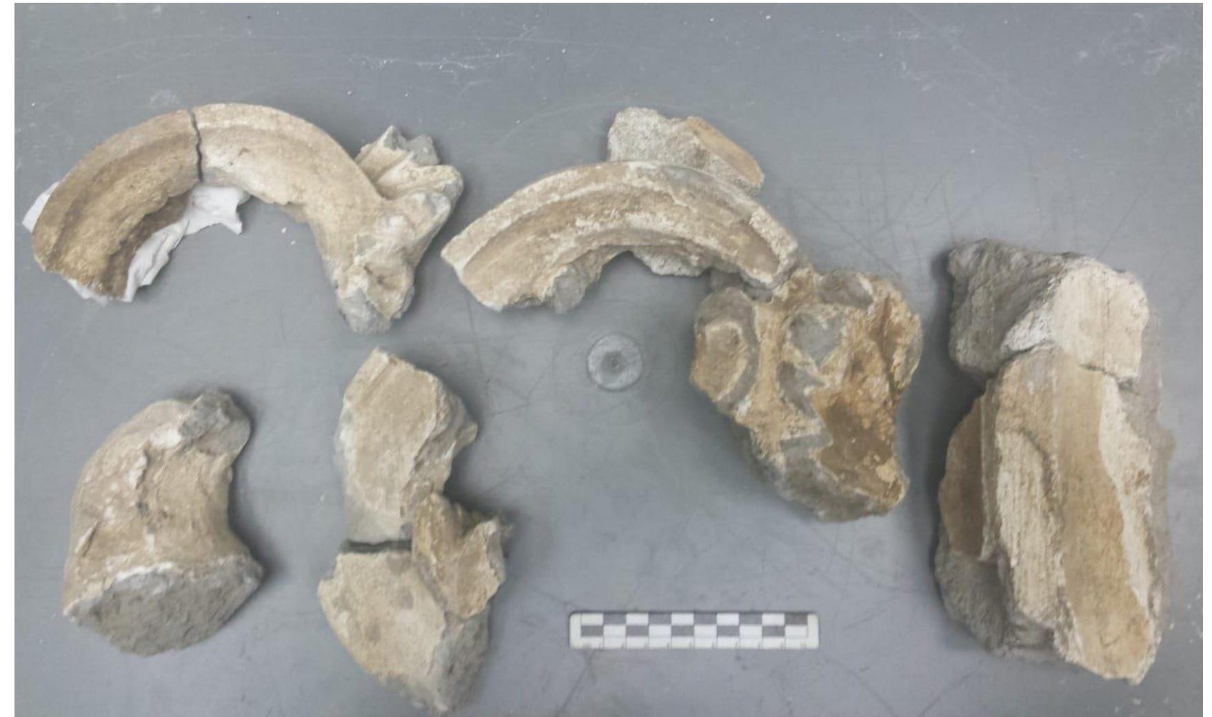 Fig. 15. VPP 2018, Trench IIS-W: Fragments of Corinthian capitals in stuccoed Nocera tuff from one of the refuse pits (2961) associated with construction activities in the east court of the sanctuary in Phase 2b (Photo: VPP).  M. Mogetta — I. Battiloro — I. Varriale — D. P. Diffendale — G. Iacomelli — M. D’Acri — C. Corbino — C. Comegna — G. Pardini e Archaeolog Research at the Sanctuary of Venus in Pompeii: Interim Report of the 2018-2019 Seasons of the Venus Pompeiana Project 