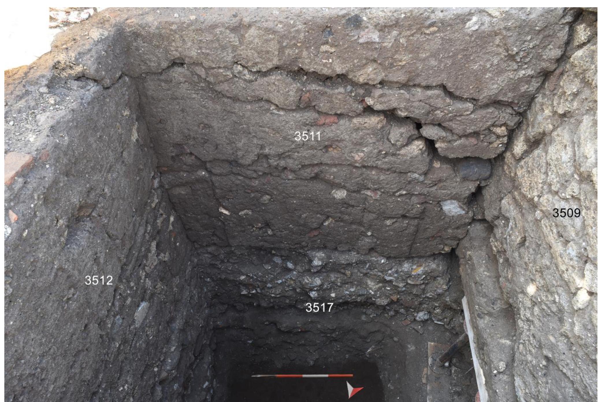 Fig. 22. VPP 2019, Trench IVN, concrete substructures of the cella. Detail of the E-W wall 3511. Note how the wall is built in two courses, with the lower section preserving traces of the formwork. The structure rests directly on top of the construction fill 3517 (the upper portion of which was excavated by Curti) (Photo: VPP). To the left is visible the N-S grid wall 3512, featuring a similar technique; to the right is the podium retaining wall 3509 (the upper portion of which was raised without shuttering).  M. Mogetta — I. Battiloro — I. Varriale — D. P. Diffendale — G. Iacomelli — M. D’Acri — C. Corbino — C. Comegna — G. Pardini e Archaeolog Research at the Sanctuary of Venus in Pompeii: Interim Report of the 2018-2019 Seasons of the Venus Pompeiana Project 