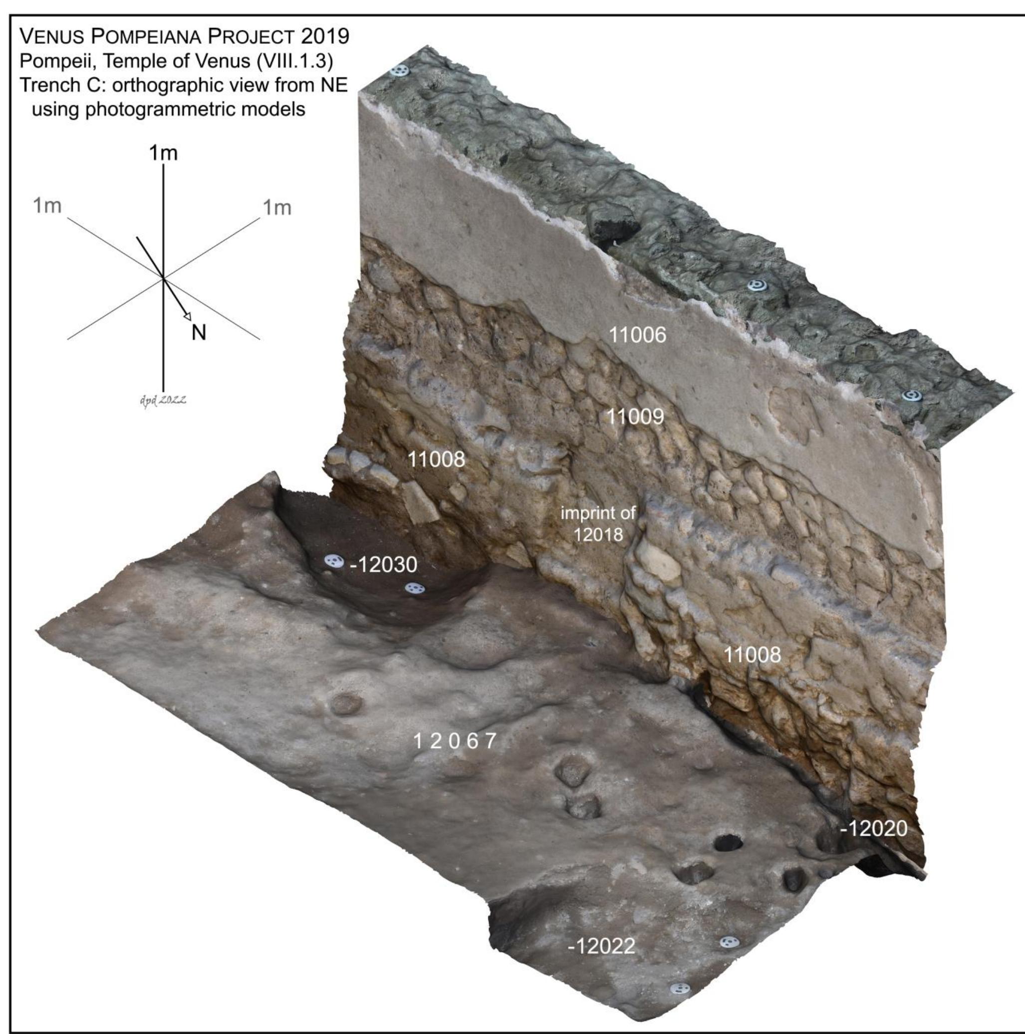 g. 25. VPP 2019, Trench C: Composite photomodel of the Augustan-era precinct wall (11009, 11008), viewed from NE. At the bottom of e trench is visible the ground level that was in use during the construction activities of Phase 2a, characterized by the presence of small postholes (Author: D. Diffendale).  M. Mogetta — I. Battiloro — I. Varriale — D. P. Diffendale — G. Iacomelli — M. D’Acri — C. Corbino — C. Comegna — G. Pardini e Archaeolog Research at the Sanctuary of Venus in Pompeii: Interim Report of the 2018-2019 Seasons of the Venus Pompeiana Project 