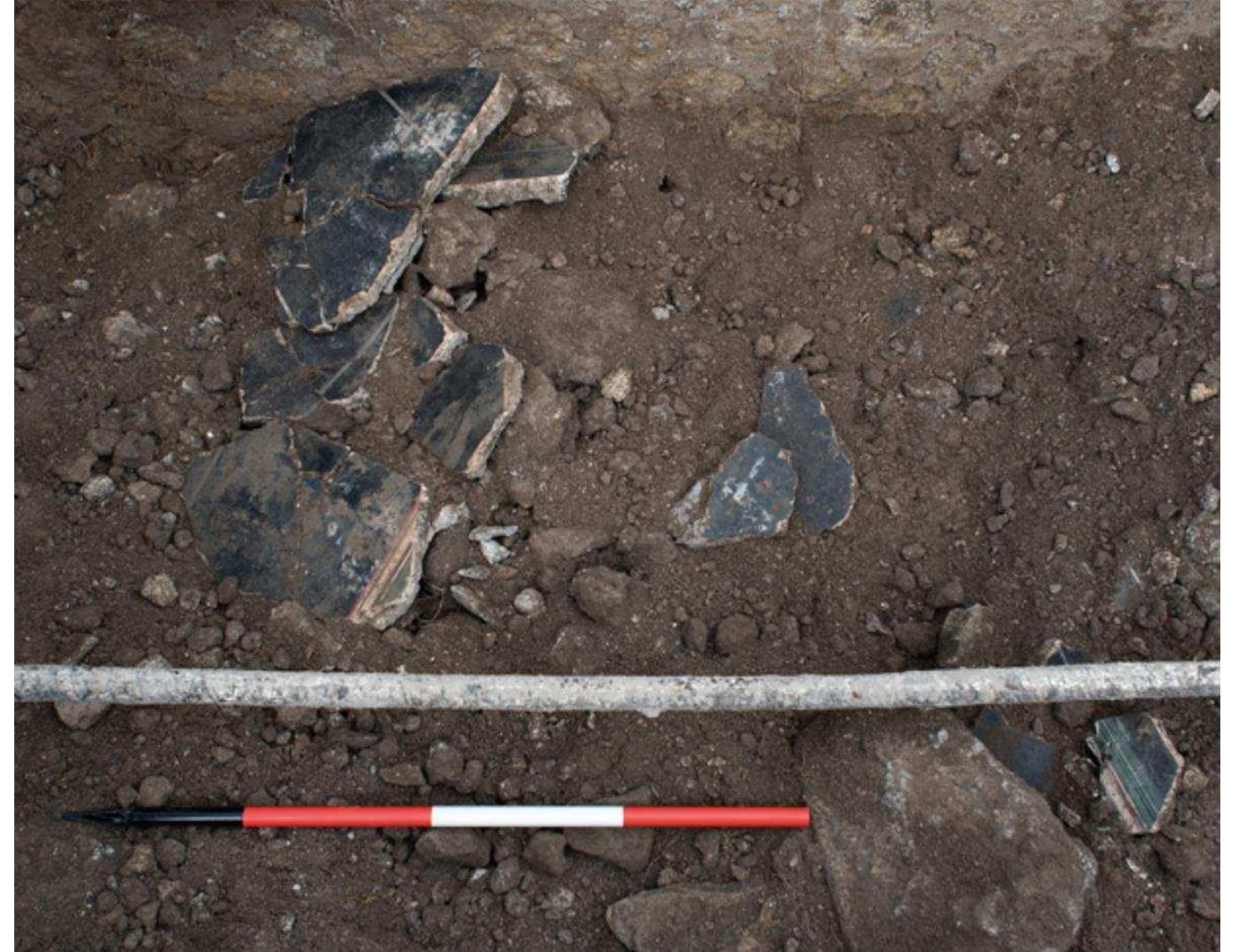 ‘ig. 27. VPP 2019, Trench C: Deposition of building debris and large fragments of fresco (12002) filling the gap between the Phase 1 precinct wall and the Flavian-era expansion (Photo: VPP). 