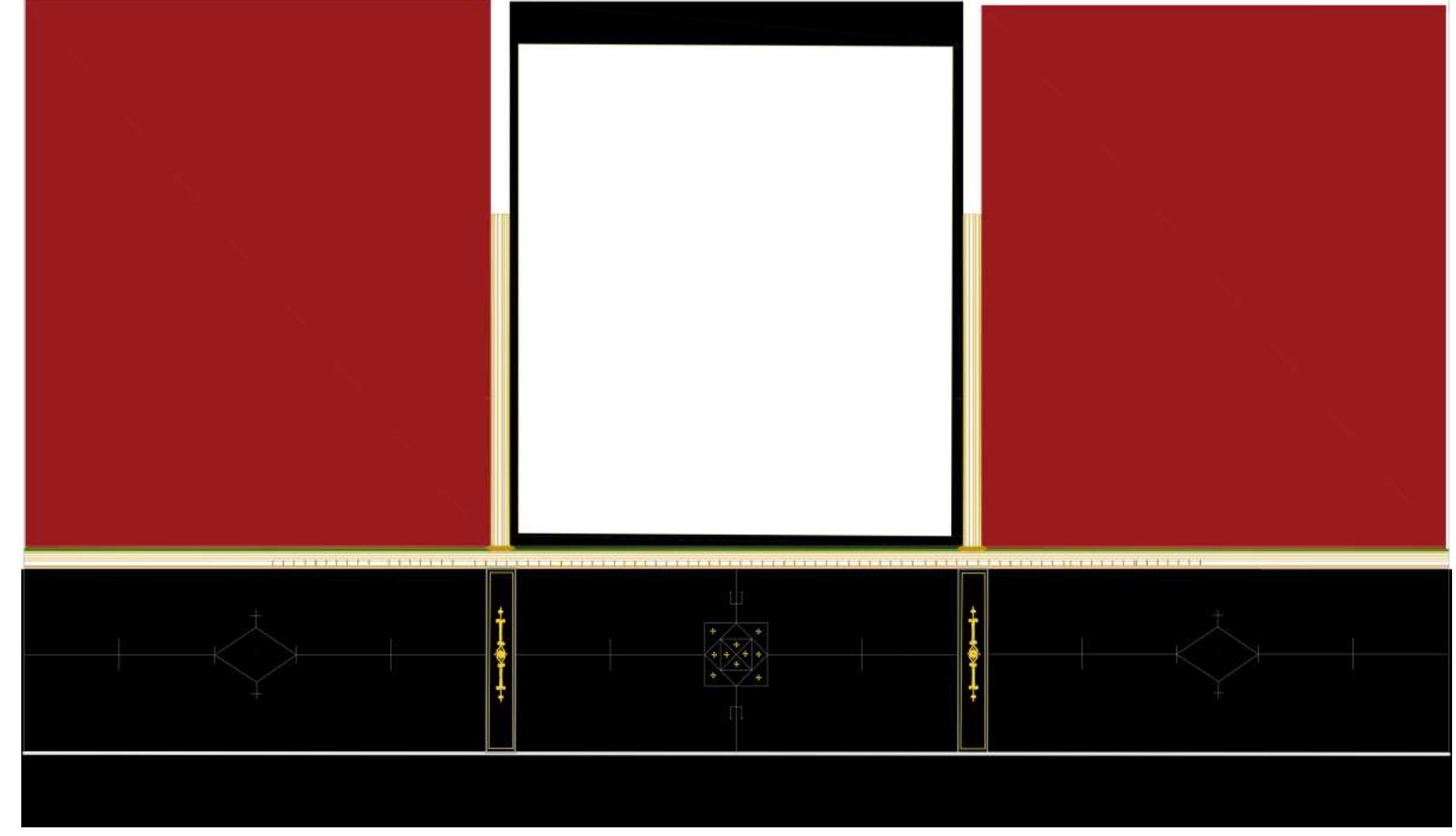 Fig. 29. VPP 2019, Trench C: Reconstruction model of the Pompeian Third Style socle originally decorating the Augustan-era porticc (Photo: |. Varriale; D. Diffendale).  M. Mogetta — I. Battiloro — I. Varriale — D. P. Diffendale — G. Iacomelli —- M. D’Acri — C. Corbino — C. Comegna — G. Pardini e Archa Research at the Sanctuary of Venus in Pompeii: Interim Report of the 2018-2019 Seasons of the Venus Pompeiana Project  A smaller group of fragments, still under study, belongs to a Fourth Style decoration characterized by a white field framed by a gold embroidery border (Group 2). A close parallel for the motif can be found in the Casa dell’Efebo*?. We hypothesize that this decoration relates to a first phase of restoration work conducted within the original portico right after the earthquake of 62 CE.  Finallv. a third aroun is represented bv a series of olaster fragments in white and red with crushed terracot- 