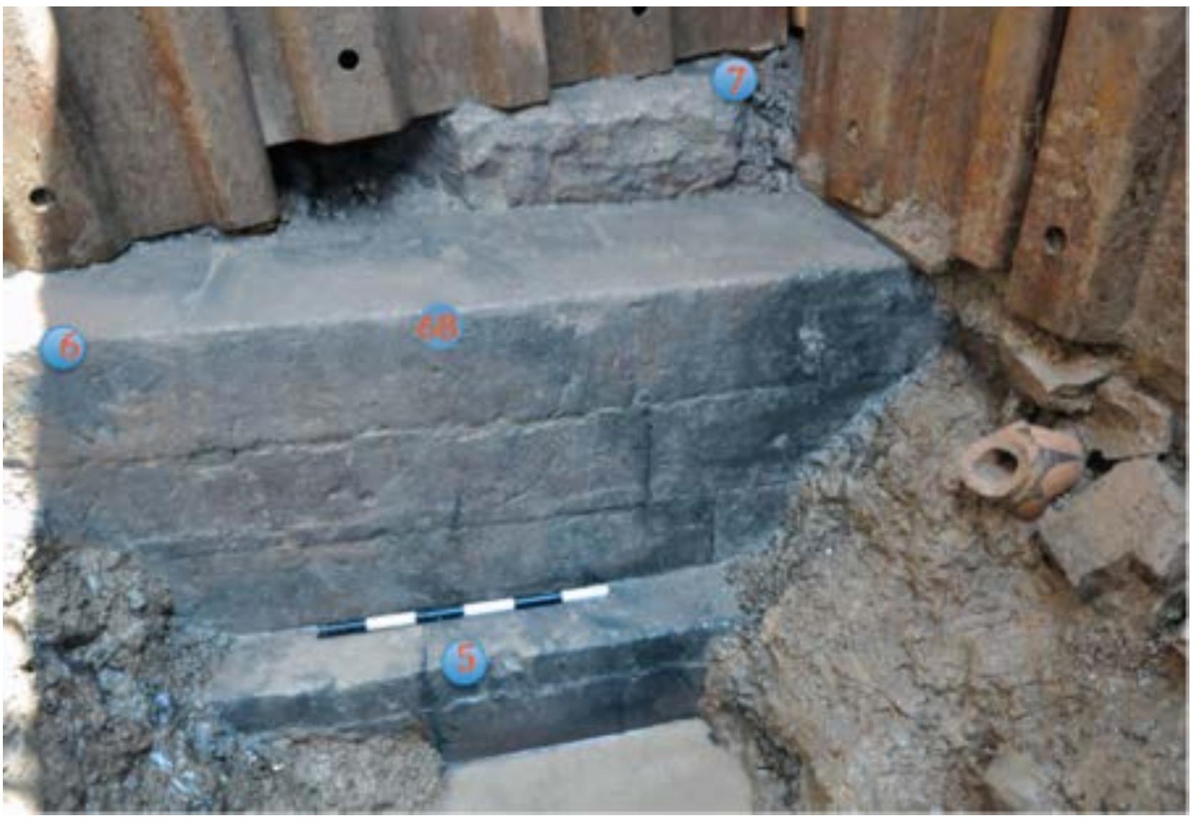 Figure 8. Photograph showing sampling locations in the archaic podium of the temple of Sant'Omobono. 