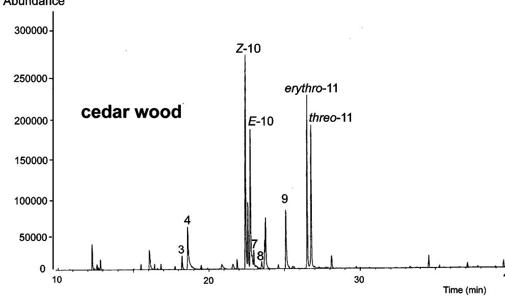 Tmah thermochemolysis-gc-ms trace of a japanese cedar wood.