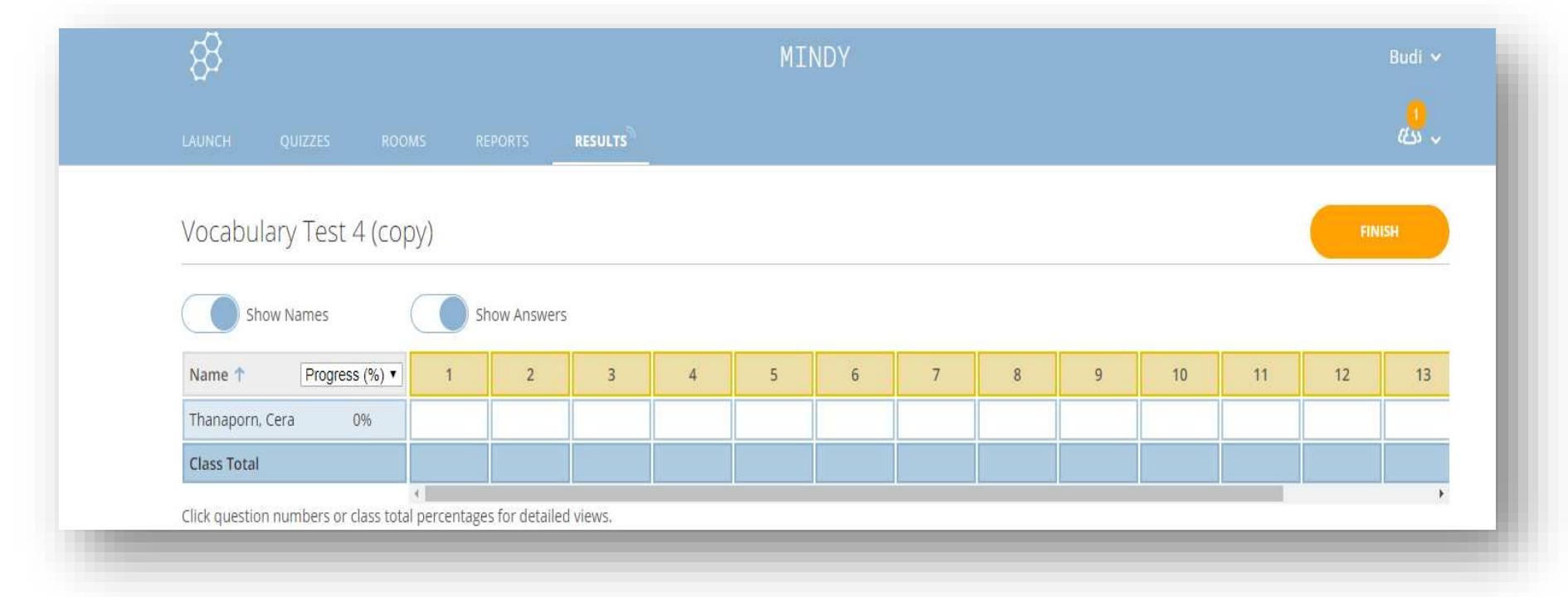 Picture 1: One example of the appearance of the vocabulary test by teachers  Picture 2: The appearance of the question on students’ smartphones when doing the vocabulary test  There are 15 questions given in each vocabulary test, including synonym, antonym, part of speech, definition, and sentence completion. Pictures are added to some of the questions. The classroom is equipped with computer, projector, and internet connection, so teacher can launch the vocabulary test on the class computer, which appears on the projector too. Teachers shuffle the questions among students to minimize cheating. Teachers can monitor student progress on the vocabulary test being conducting by looking at the percentage of completion shown on the projector. After 10 minutes, teachers finish the vocabulary test and close the Socrative application. The reports of the results are downloadable on Socrative.com, which can be done after class by teachers. The following pictures display the appearance of vocabulary test on Socrative. 