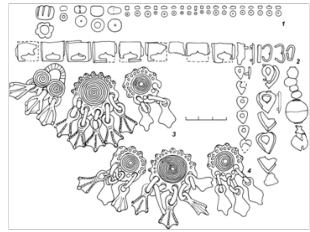 as an ornament of footwear. The small depth of the graves and the features of the funeral rite do not contribute to the good preservation of the skeletons. But in this case, thanks to the preserving properties of copper oxides, the bones of the metatarsal were preserved under the suspensions, which, judging from the conclusion of the anthropologist, lay in anatomical order and were closed, which indicates that the deceased was shod in dense shoes. On one of the bones a small fragment of the sock, connected by simple stocking is preserved (Figure 2). 