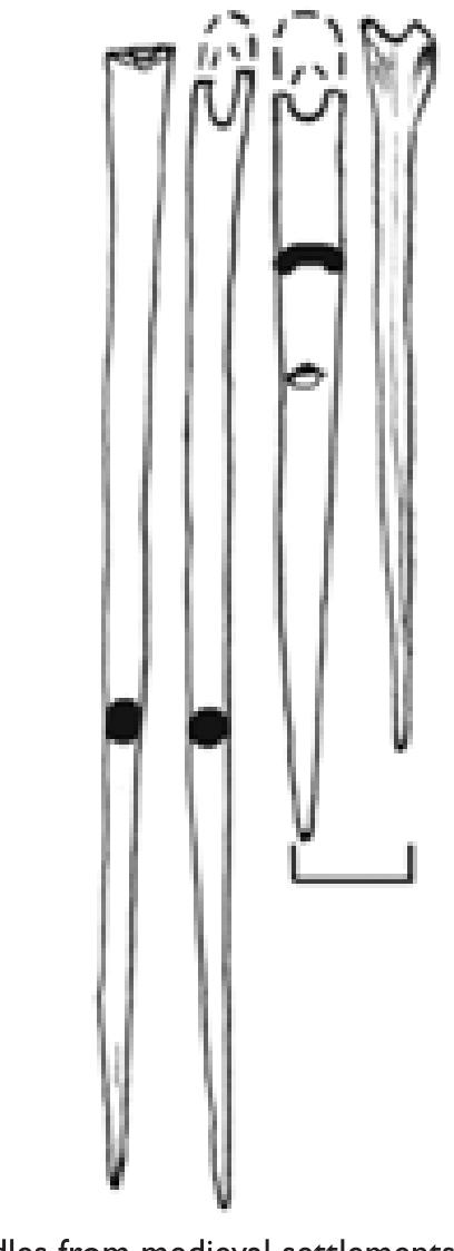 settlements. But most of the known bone needles are too short to serve as knitting needles. Perhaps they were the tips of a flexible spoke. Such a spoke, which is still used today, consists of two tips connected by a flexible cord to which the loops are dropped. Many of the known bone needles can be referred to the tips of such a knitting needle. Less common are relatively long needles that could be used for knitting around five spokes. At the site of the Kupros ancient settlement in the Perm region, 5 bone spokes were found in one place (Figure 4) just the necessary kit for knitting around. In the course of the experiment it was found that these spokes are very convenient for knitting around small products (for example, socks and mittens). 