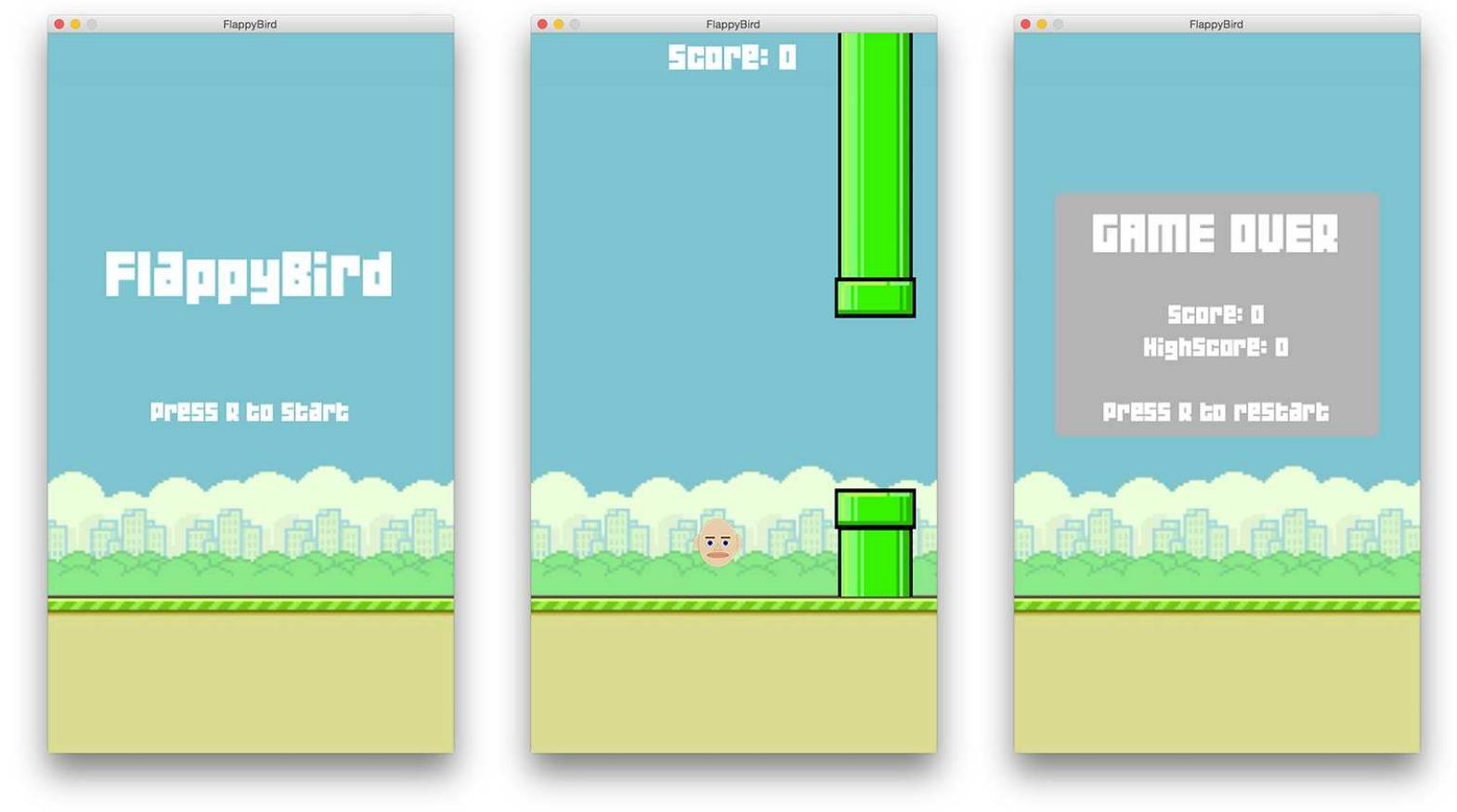 Fig. 2: FlappyBird implementation - example of a challenge assignment for an introductory programming course 