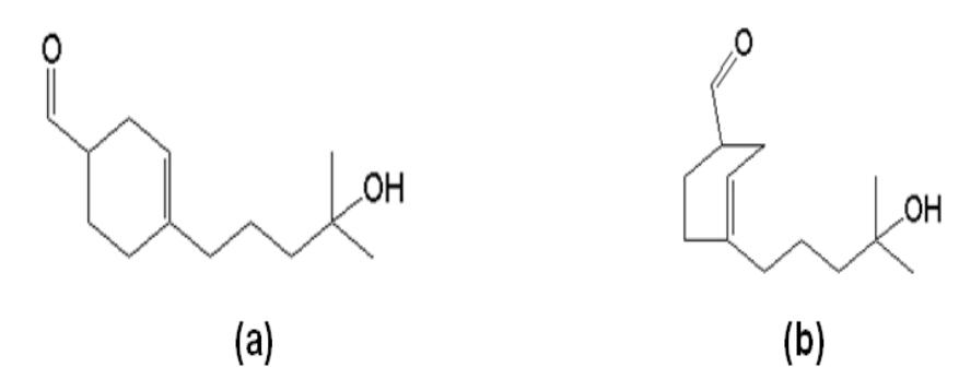 Skeletal formula of lyral isomers (a) z-lyral, (b) e-lyral