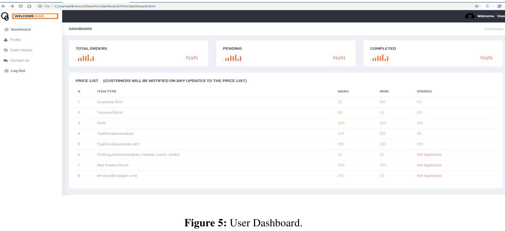 buttons indicated on the page  of units, and selects the service to be rendered (wash, dry, or iron). Users can add or delete rows by clicking the 