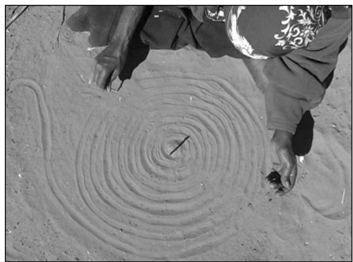 Figure 17.4 Spiral sand drawing in Eastern Anmatyerr sand story about two sisters and a ‘monster’. The sticks represent the sisters” 