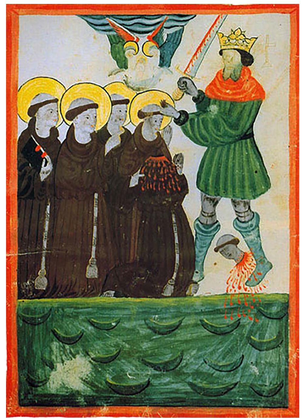 ILLUSTRATION 2. BEHEADING OF THE FIVE MARTYRS OF Morocco. COIMBRA WORKSHOP-MONASTERY OF SANTA CRUZ OF COIMBRA (?). FIFTEENTH CENTURY. ILLUMINATED PARCHMENT. DIMENSIONS: 25.8 CM HEIGHT X 17.9 CM WIDTH. FOLIO DIMENSIONS: 38 CM HEIGHT X 25.5 CM WIDTH. ORIGINAL LOCATION: MONASTERY OF SANTA CRUZ OF COIMBRA. CURRENT LOCATION: BIBLIOTECA PUBLICA MUNICIPAL DO Porto (INV. NO. SANTA CRUZ 38- GENERAL NO. 770, FOLIO 1 Vv). By COURTESY OF THE BIBLIOTECA PUBLICA MUNICIPAL DO PoRTO. 