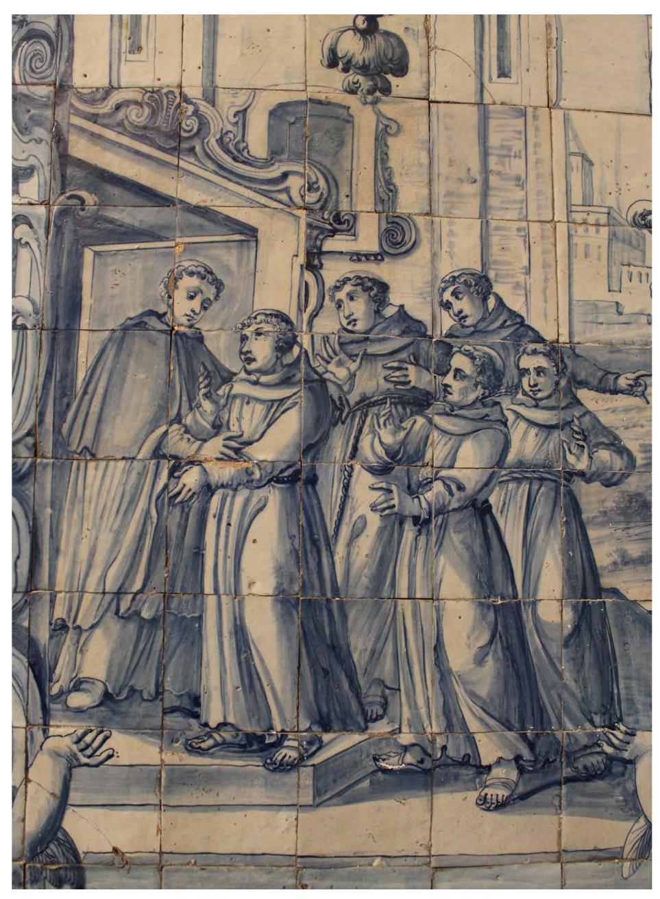 ILLUSTRATION 3. D. FERNAO MARTINS DE BULHOES (SAINT ANTONIO OF LISBON) RECEIVES AT THE MONASTERY OF SANTA Cruz OF COIMBRA THE FIVE ITALIAN FRANCISCAN FRIARS (THE PROTOMARTYRS OF Morocco). COIMBRA WORKSHOP - ANONYMOUS AUTHOR. EIGHTEENTH CENTURY (SECOND HALF?). MONOCHROMATIC TILE. ORIGINAL AND CURRENT LOCATION: MONASTERY OF SANTA CRUZ OF COIMBRA. ILLUSTRATION PROVIDED BY MILTON PEDRO D1as PACHECO. 