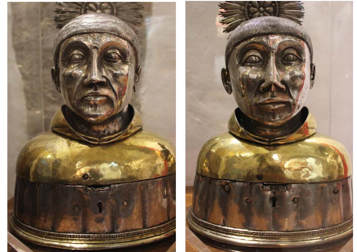 ILLUSTRATIONS 4-5. RELIQUARIES-BUSTS OF THE MARTYRS OF MOROCCO AT THE SANTA CRUZ MONASTERY. COIMBRA WORKSHOP — JOAO RODRIGUES. C. 1510. Sttver, GOLDEN SILVER, IRON, GLASS AND DAMASK FABRIC — BONE RELICS. DIMENSIONS (LEFT BUST): 32 CM HEIGHT X 21,5 CM WIDE x 12.5 cm DEEP. DIMENSIONS (RIGHT BUST): 31 CM HEIGHT X 20 CM WIDE X 13 CM DEEP. ORIGINAL AND CURRENT LOCATION: MONASTERY OF SANTA CRUZ OF COIMBRA. ILLUSTRATIONS PROVIDED BY MILTON PEDRO Dias PACHECO.  NTN eT, MLR a Nee RA ORO RE eC oTeMRS venimens Ep Tet RSS MNO NRT ND FERRER CC NTR NETS MINTS NIN  Only the reliquaries-busts pair ordered for the Monastery of Santa Cruz assumes a particular preponderance in the detailed individualization of two of the five martyrs (See illustrations 4 and 5). Although the two anthropomorphic receptacles were ordered by D. Pedro Vaz Gaviao [?-1516], in 1510, it was King D. Manuel I, on February 14, 1520, who had paid eighty silver marks for both. Each one of the reliquaries, with their padlocks and keys, weighed twenty-three marks and six silver ounces'** and were designed with articulating bodies to allow the display of the relics kept inside during the celebrative dates at the monastic church, especially but not exclusively, in January and December.  Thea =e aaa earpiece vd oan aweetendne! fawtuvesne allavaex fhe Toads patina 