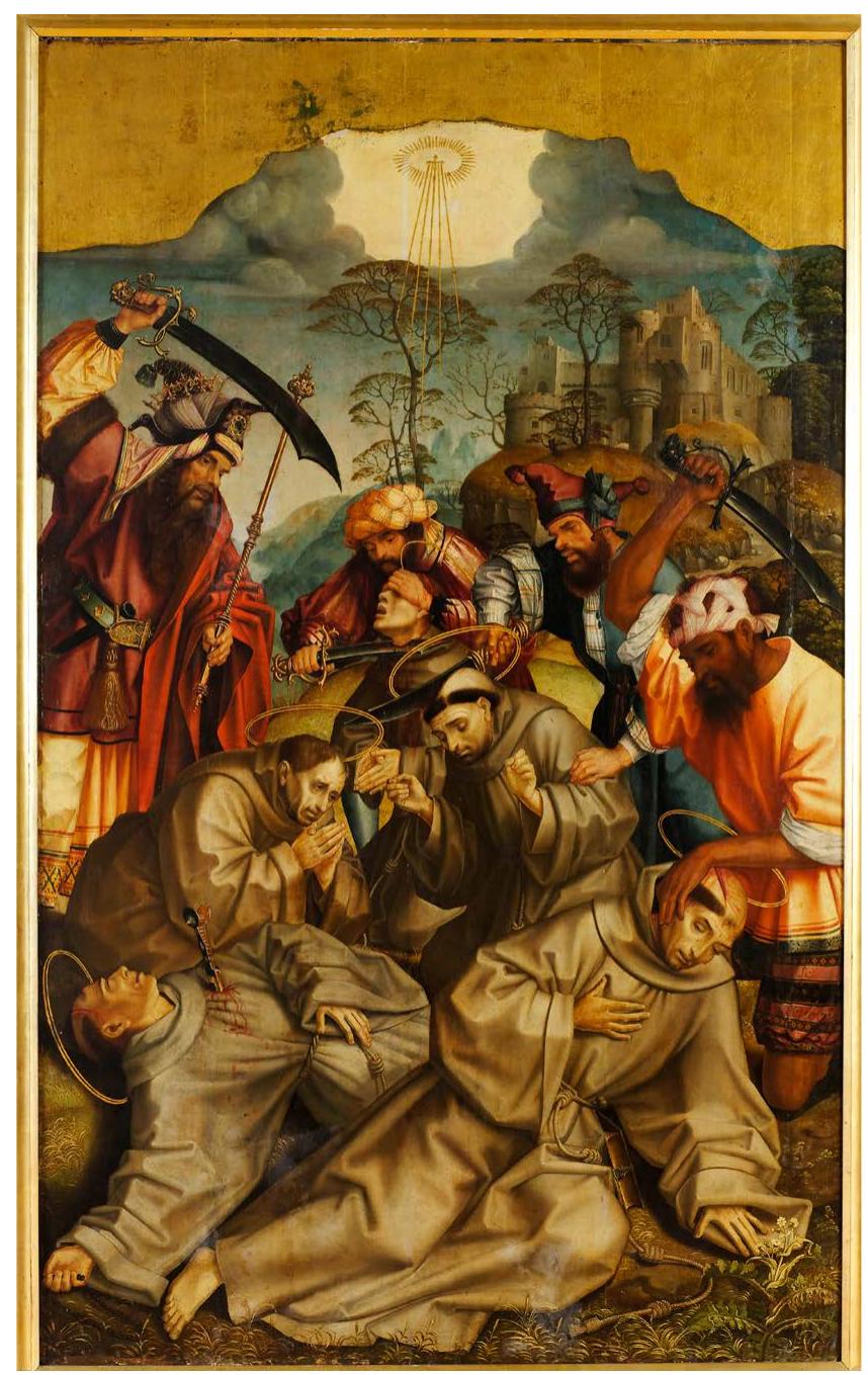 ILLUSTRATION 8. Holy MARTYRS OF Morocco. PORTUGUESE  WORKSHOP- JORGE ALFONSO. ARouND 1517-1530. Om  ON woop. DIMENSIONS: 180 cM HEIGHT X 110 CM WIDTH.  ORIGINAL AND CURRENT LOCATION: CONVENTO DE JESUS-  SETUBAL MusEUM- CAMARA MUNICIPAL DE SETUBAL (INV.  No. MscJ 15 / pr. 15). By courtesy oF José PEDRO ABOIM BorcEs.  ORIGINAL AND CURRENT LOCATION: CONVENTO DE JESUS- 